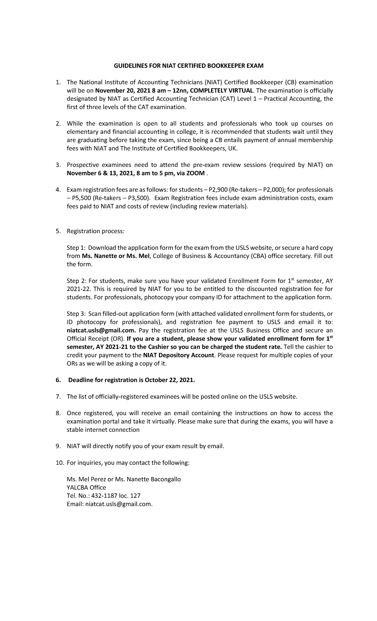 Guidelines for NIAT Certified Bookkeeper Exam GUIDELINES FOR NIAT