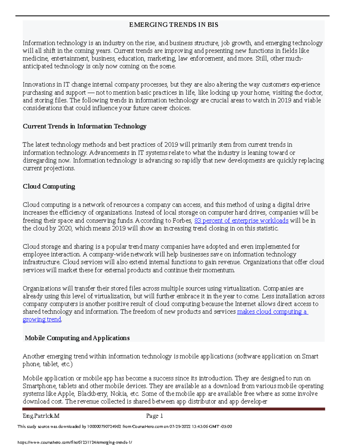 Emerging trends 1 - N/A - EMERGING TRENDS IN BIS Information technology ...