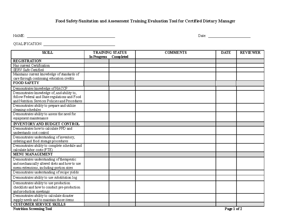 Competency Training Tool-Certified Dietary Manager training outline ...