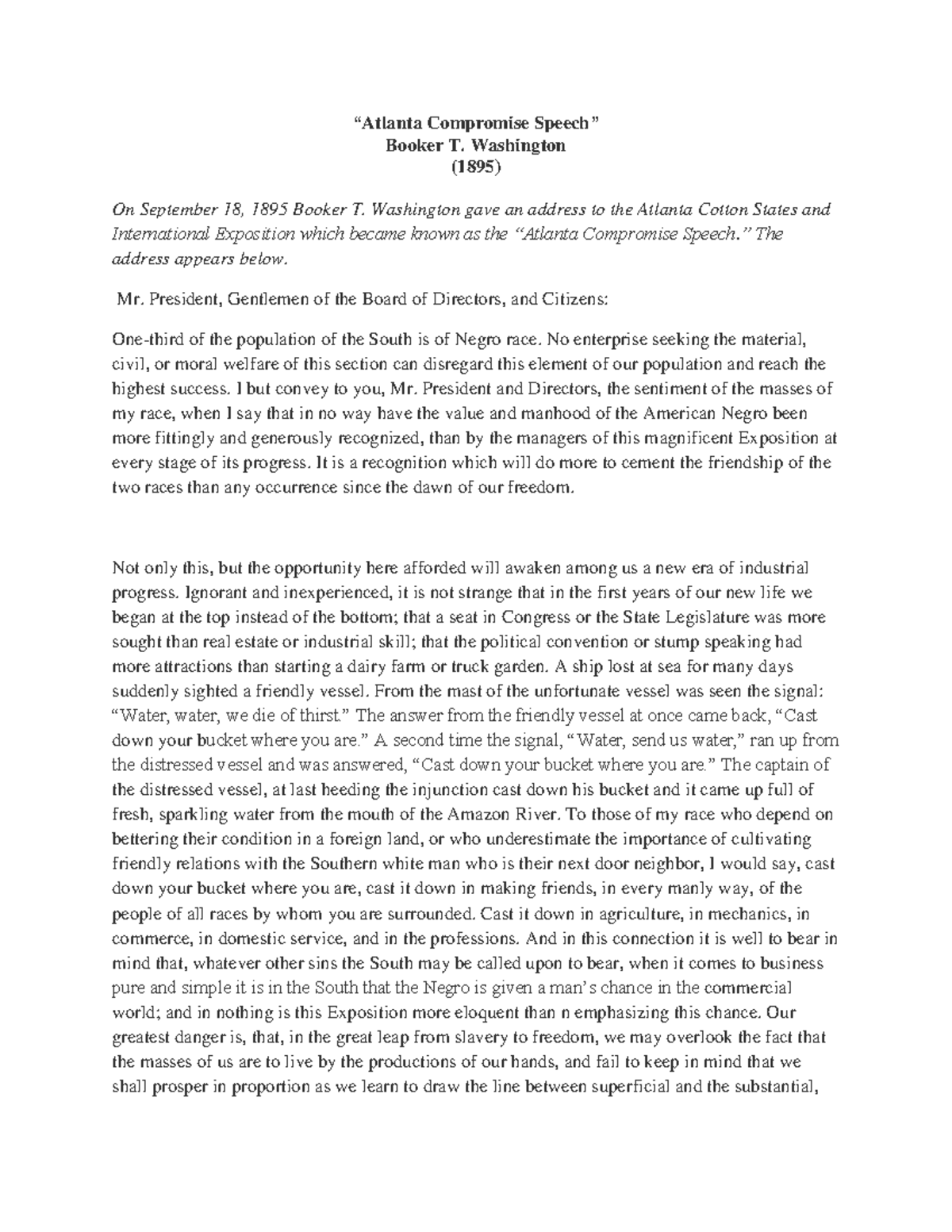 1.1Booker T. Washington Atlanta Compromise Speech “Atlanta Compromise