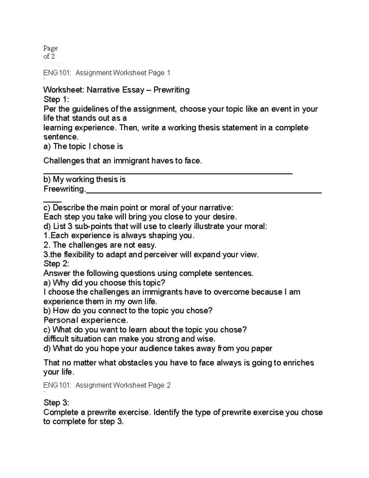Freewriting - Page of 2 ZOOM ENG101: Assignment Worksheet Page 1 ...