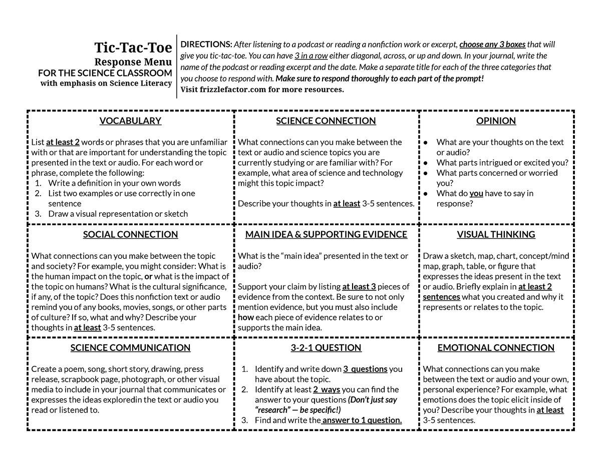 Science Reading Response Tic Tac Toe Choice Board-1 - Tic-Tac-Toe ...