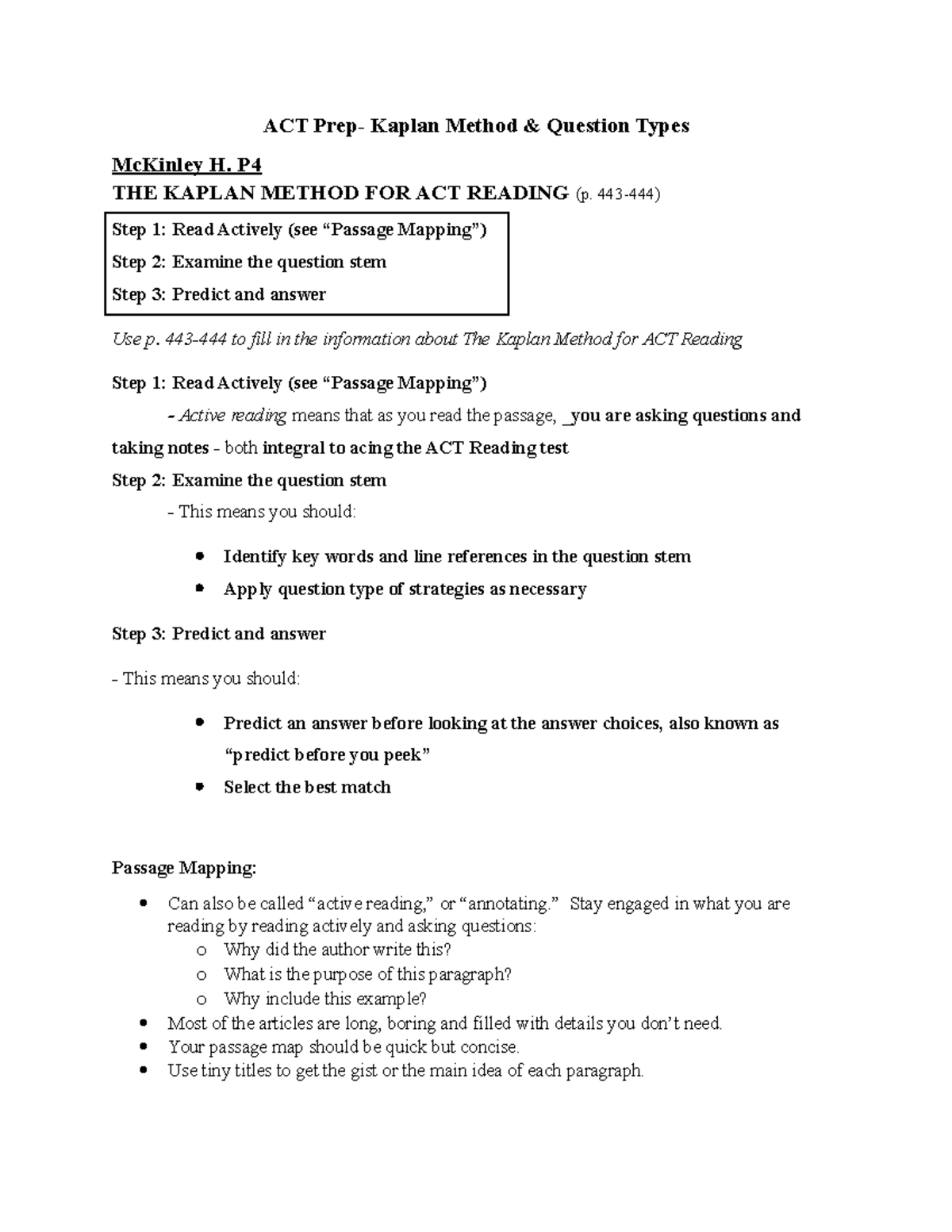 3 ACT Kaplan Method and Question Types Handout ACT Prep Kaplan