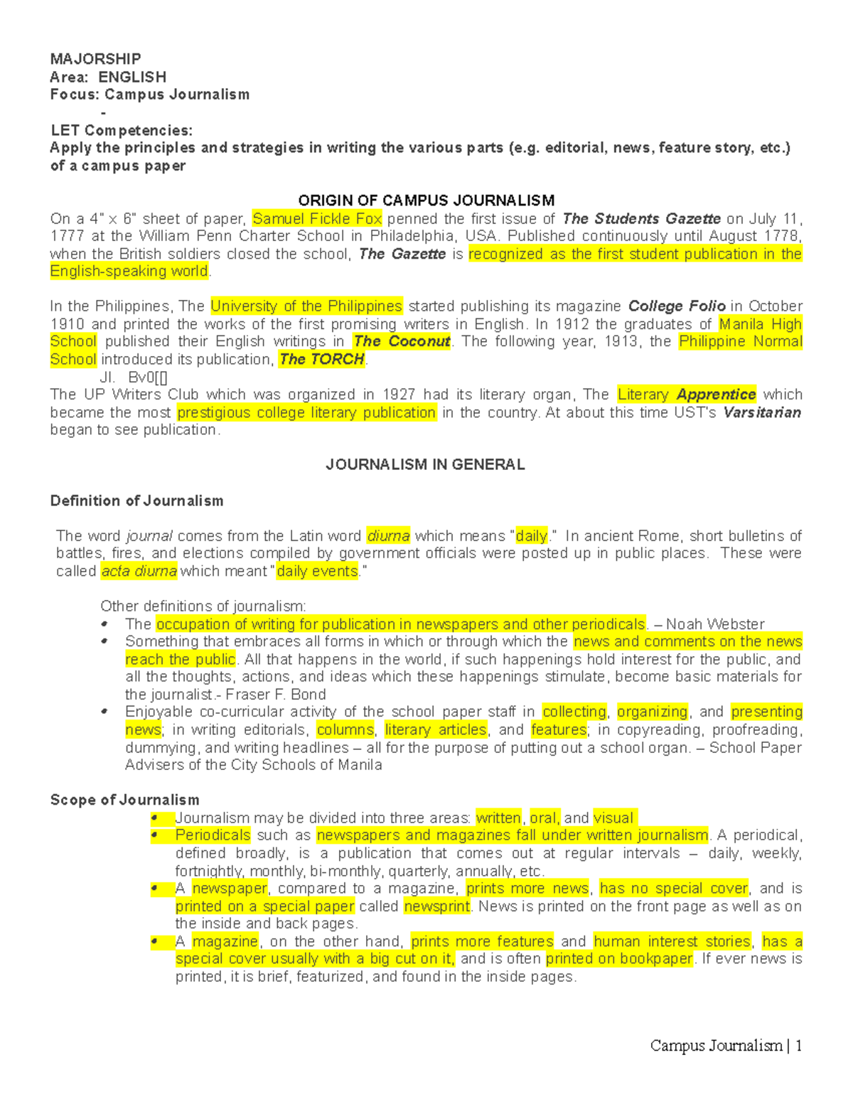 Campus Journalism Majorship Area English Focus Campus Journalism Let Competencies Apply The Studocu