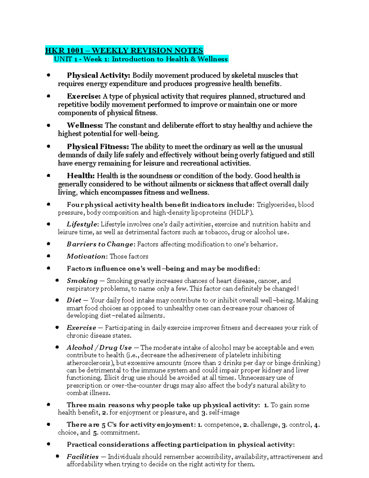HKR 1001 - Weekly Revision Notes 2 - HKR 1001 – WEEKLY REVISION NOTES ...