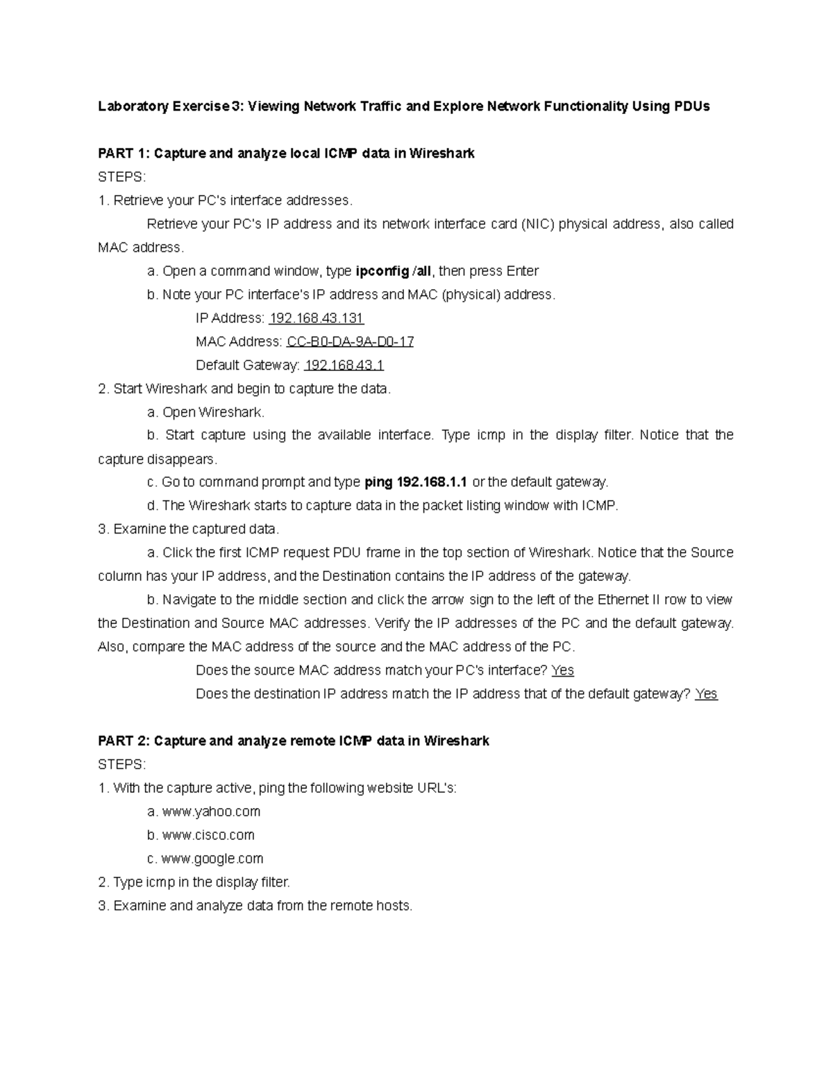 Laboratory Exercise 3 - N/A - Laboratory Exercise 3: Viewing Network ...