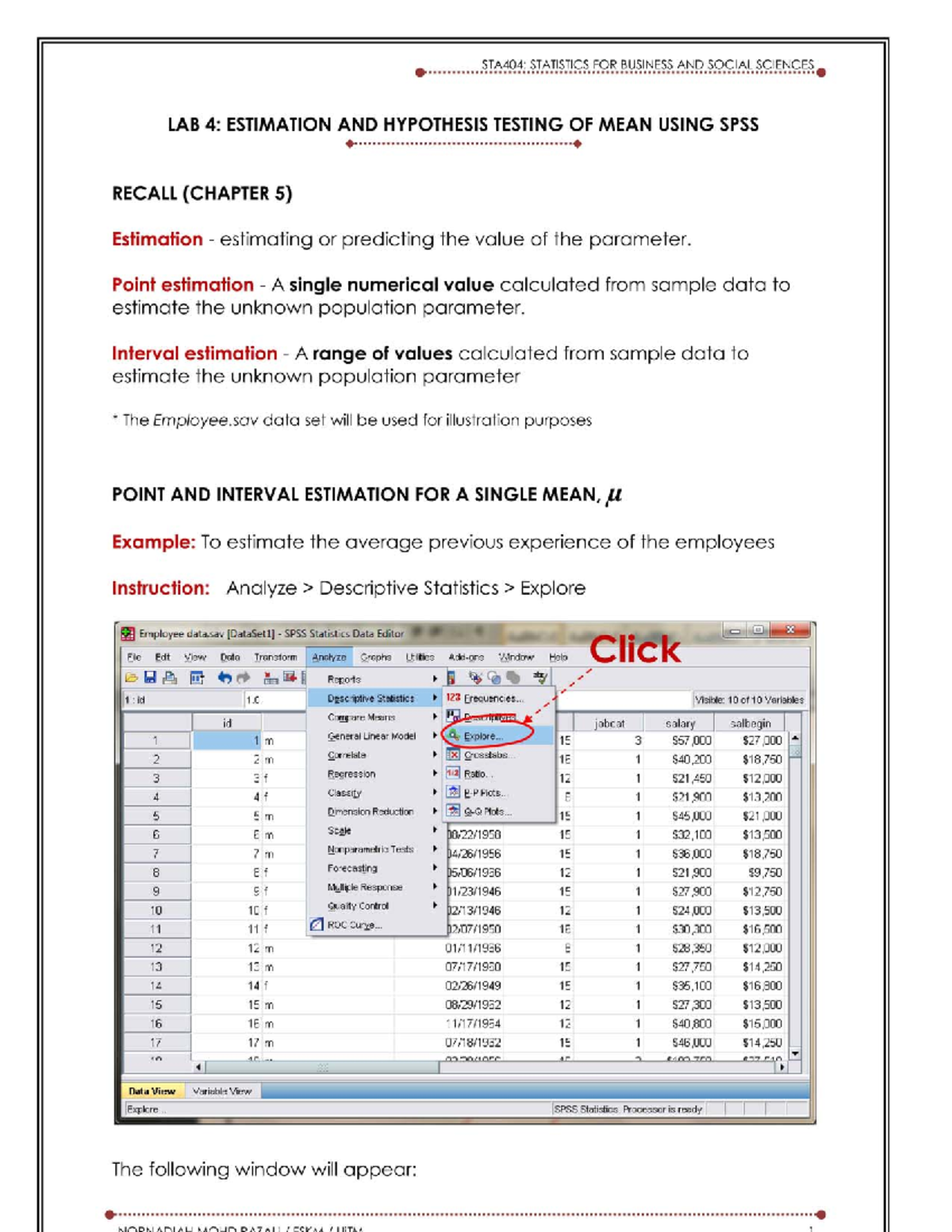LAB 4 - Estimation AND Hypothesis Testing FOR MEAN Using SPSS ...