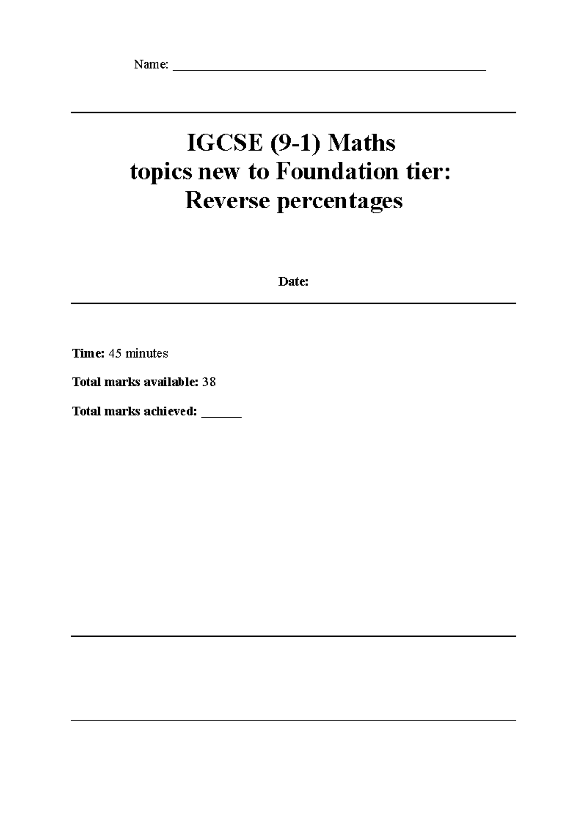 Igcse 9-1 Maths new to Foundation questions - Reverse percentages ...