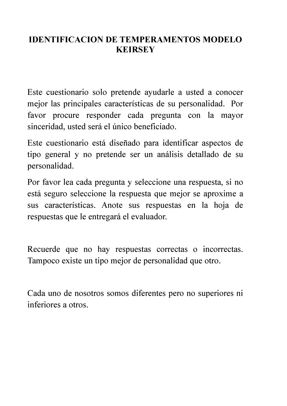 Cuadernillo DE Temperamentos Modelo Keirsey - IDENTIFICACION DE ...