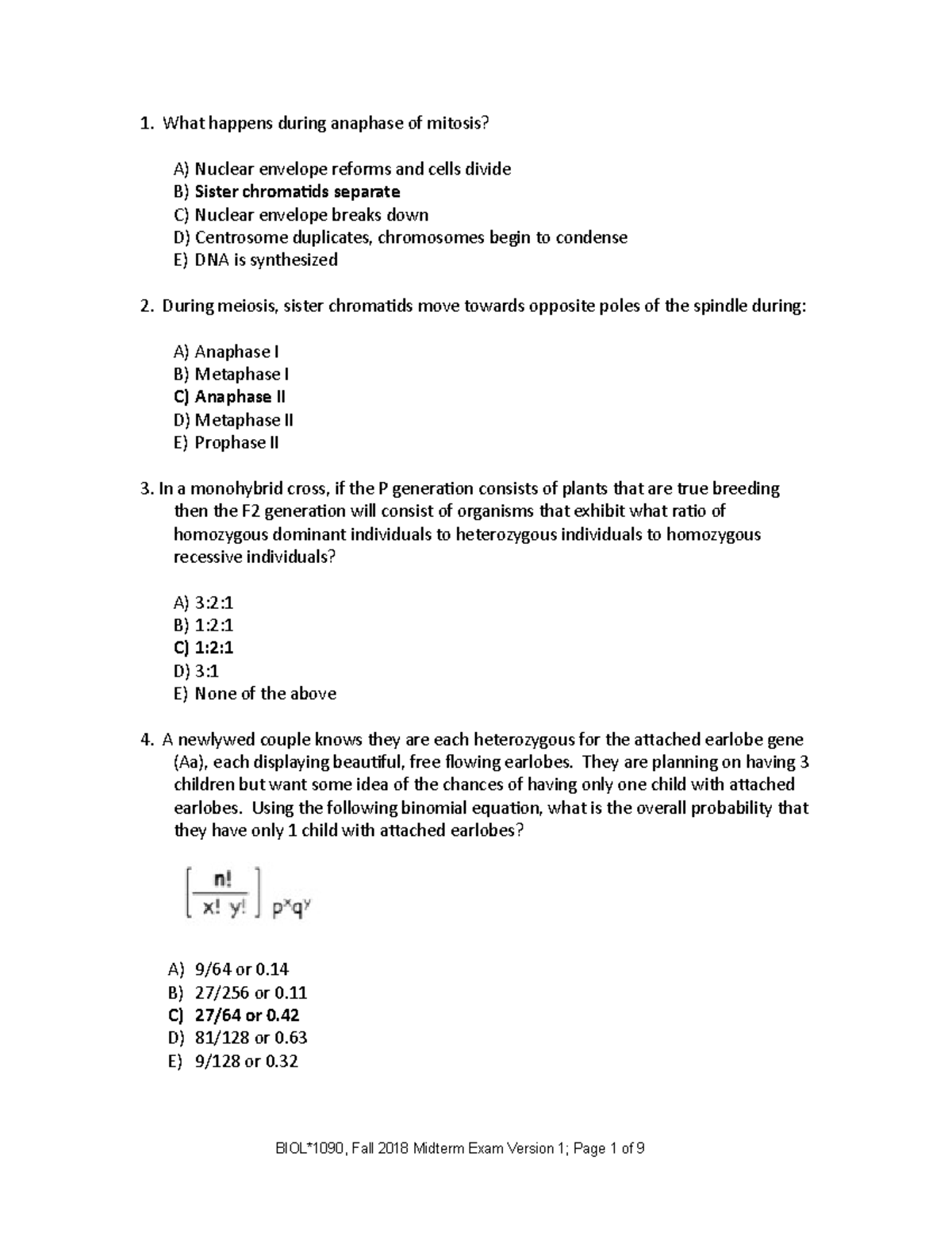 1090 F18 midterm 35 MC V1-Answers -2 - What happens during anaphase of ...