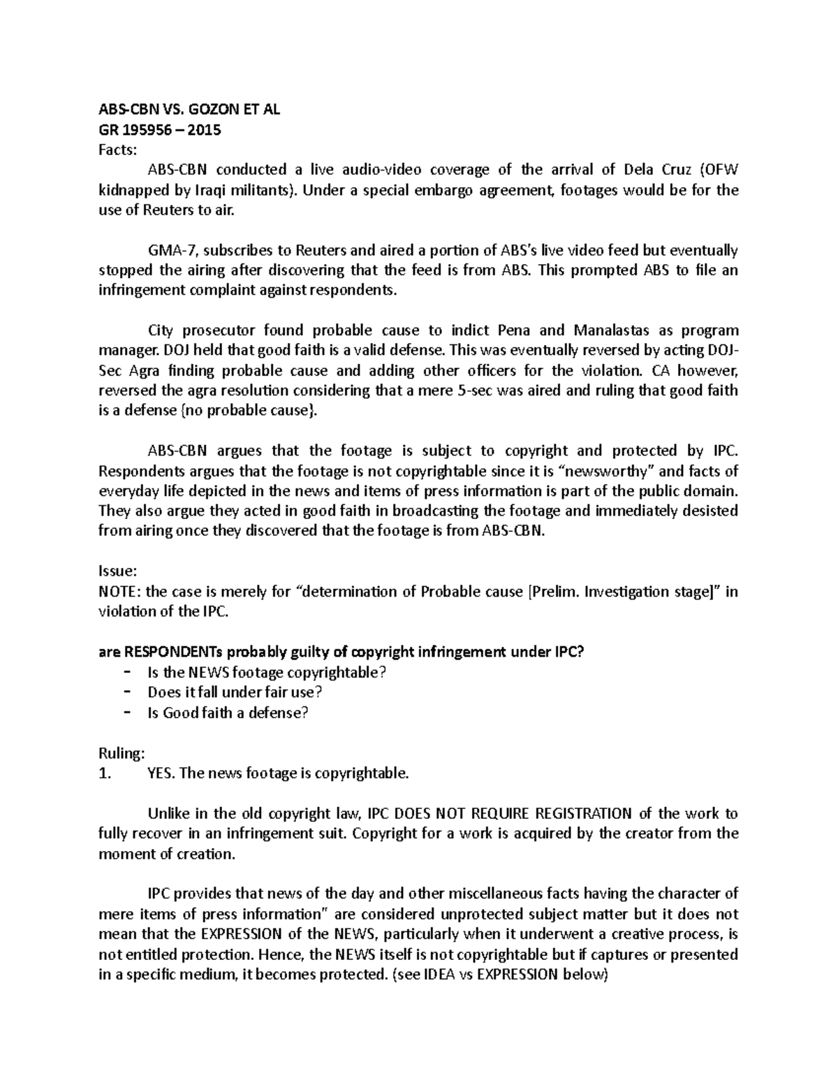 ABS-CBN Vs. Gozon Et Al - A Case Digest - ABS-CBN VS. GOZON ET AL GR ...