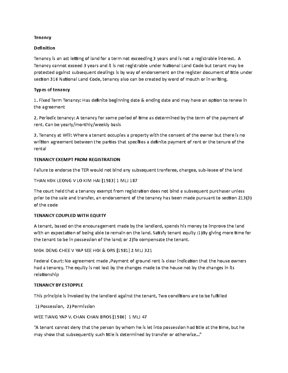 Tenancy - Lecture notes 3 - Tenancy Definition Tenancy is an act ...