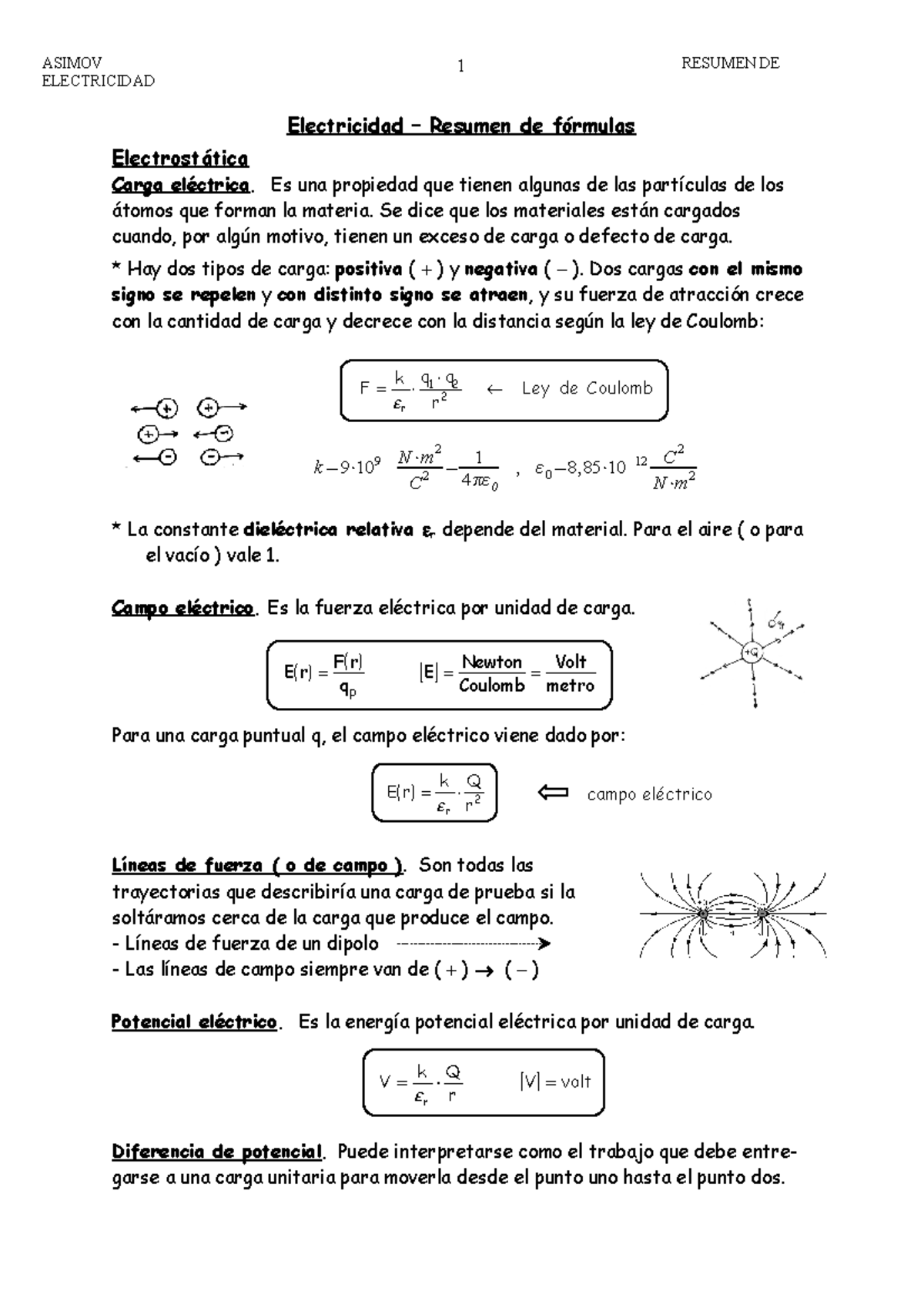 Electricidad Resumen de formulas - ELECTRICIDAD Electricidad – Resumen ...