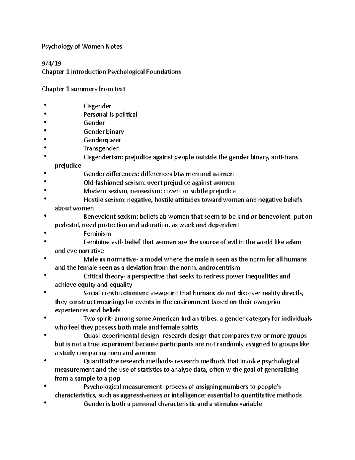 Psychology of Women Notes - Psychology of Women Notes 9/4/ Chapter 1 ...