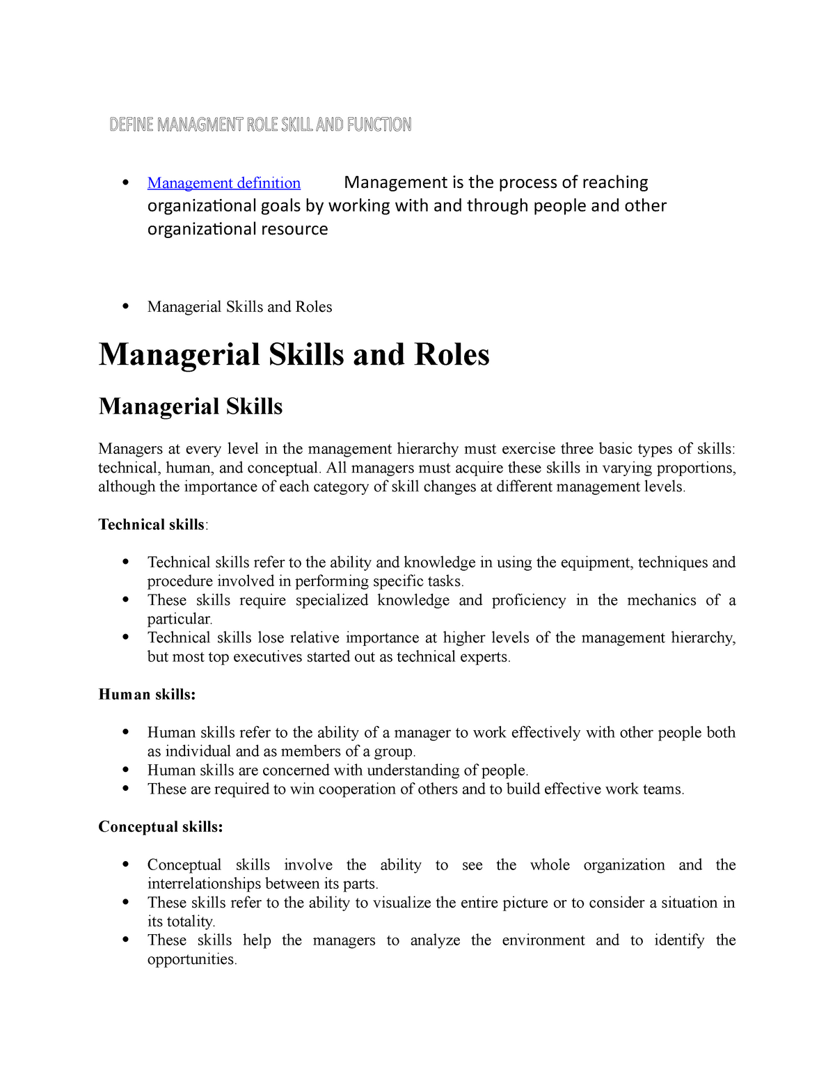 Managment Role And Skill -  Management Definition Management Is The  Process Of Reaching - Studocu