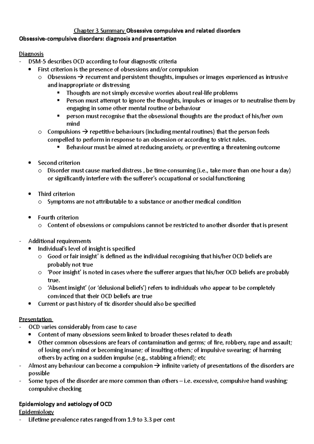 Chapter 3 Summary OCD+related - Chapter 3 Summary Obsessive compulsive ...