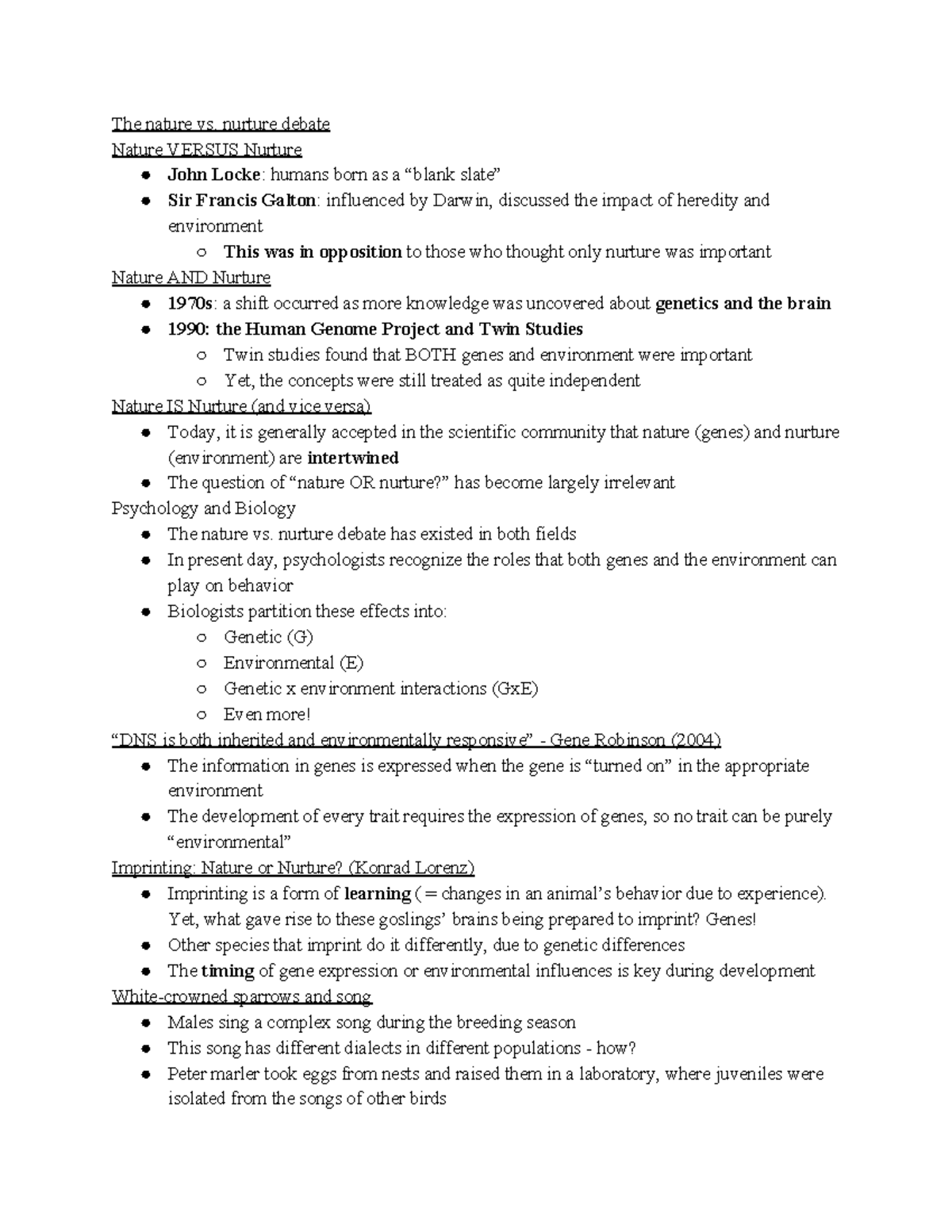 Nature Vs. Nurture - Lecture Notes Unit 1 - The Nature Vs. Nurture 