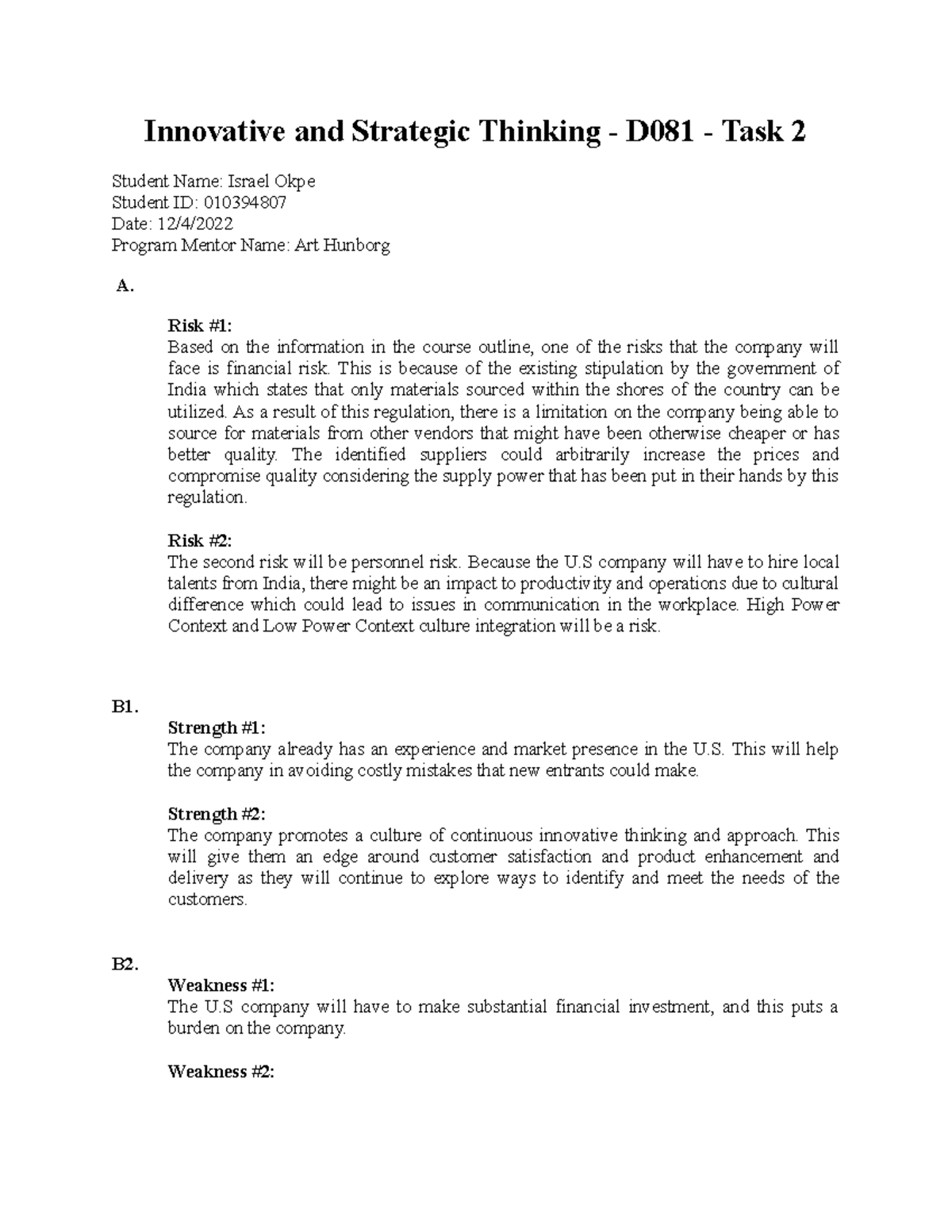 Innovative and Strategic Thinking Task 2 Innovative and Strategic