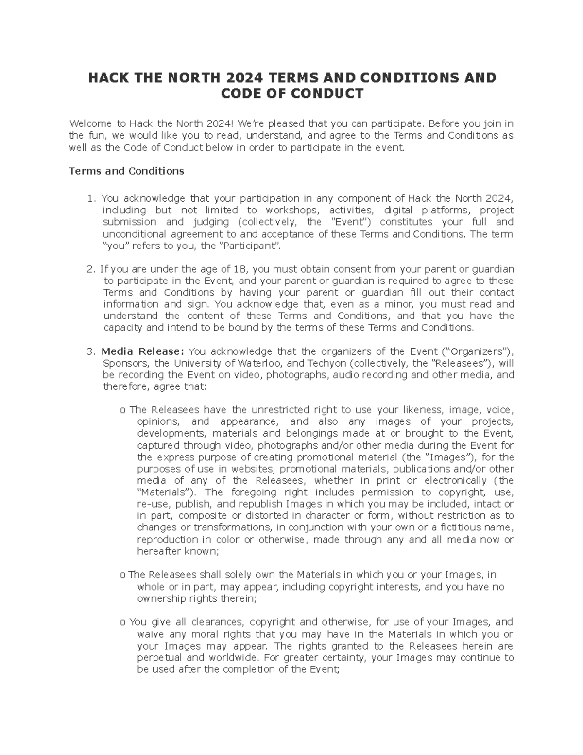 Hack the north 2024 terms and conditions and code of conduct 1 hack