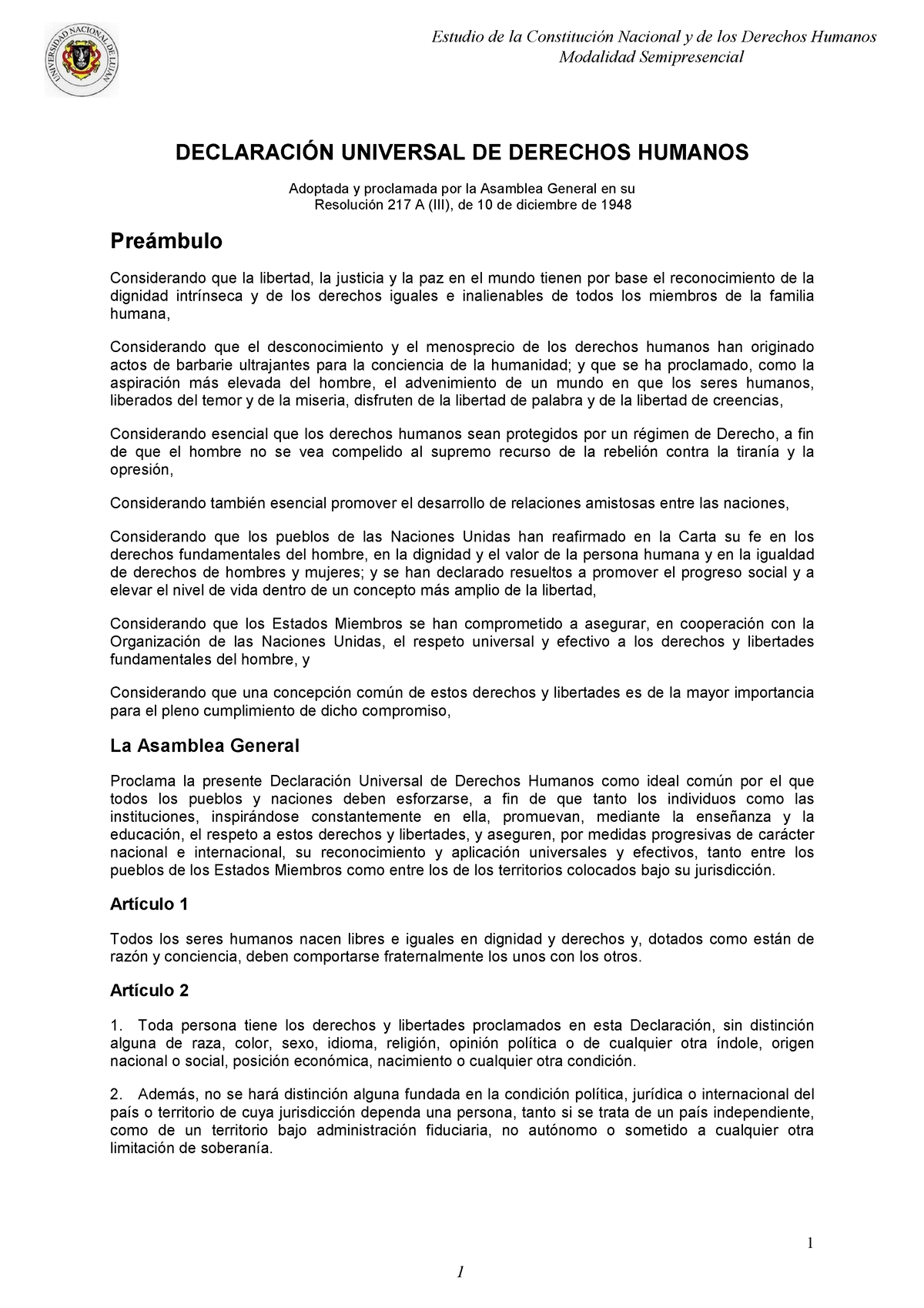 La Declaracion Universal De Los Derechos Humanos - 1 DECLARACI”N ...