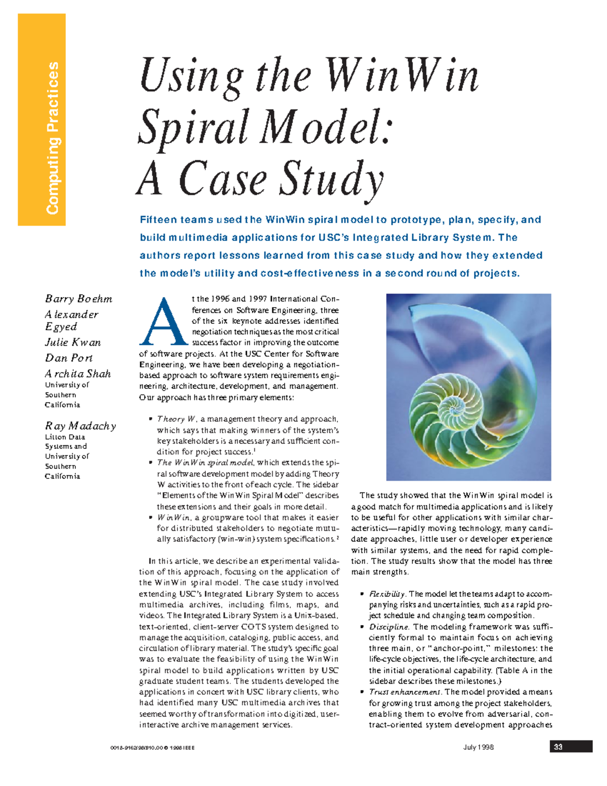 Using The Spiral Model - book - 0018-9162/98/$10. 00 © 1998 IEEE July ...