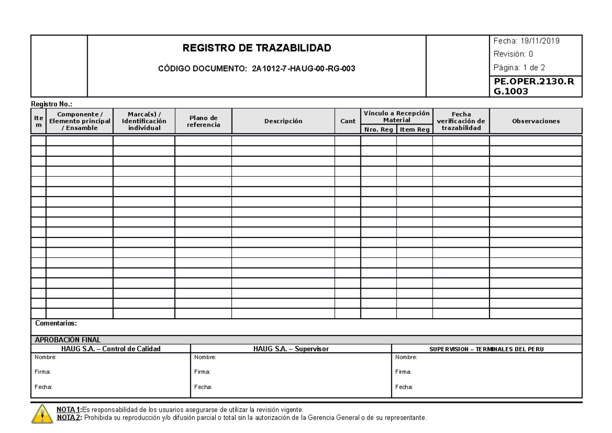 PE OPER 2130 RG 003 Registro de Trazabilidad - REGISTRO DE TRAZABILIDAD