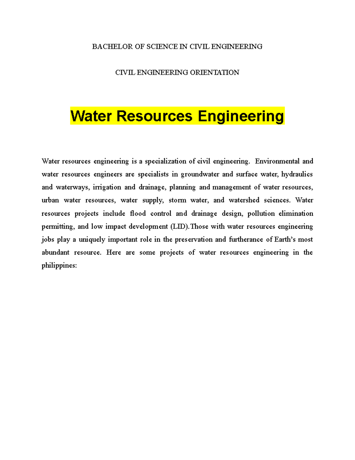 Water Resources AND Transportation Engineering - BACHELOR OF SCIENCE IN ...