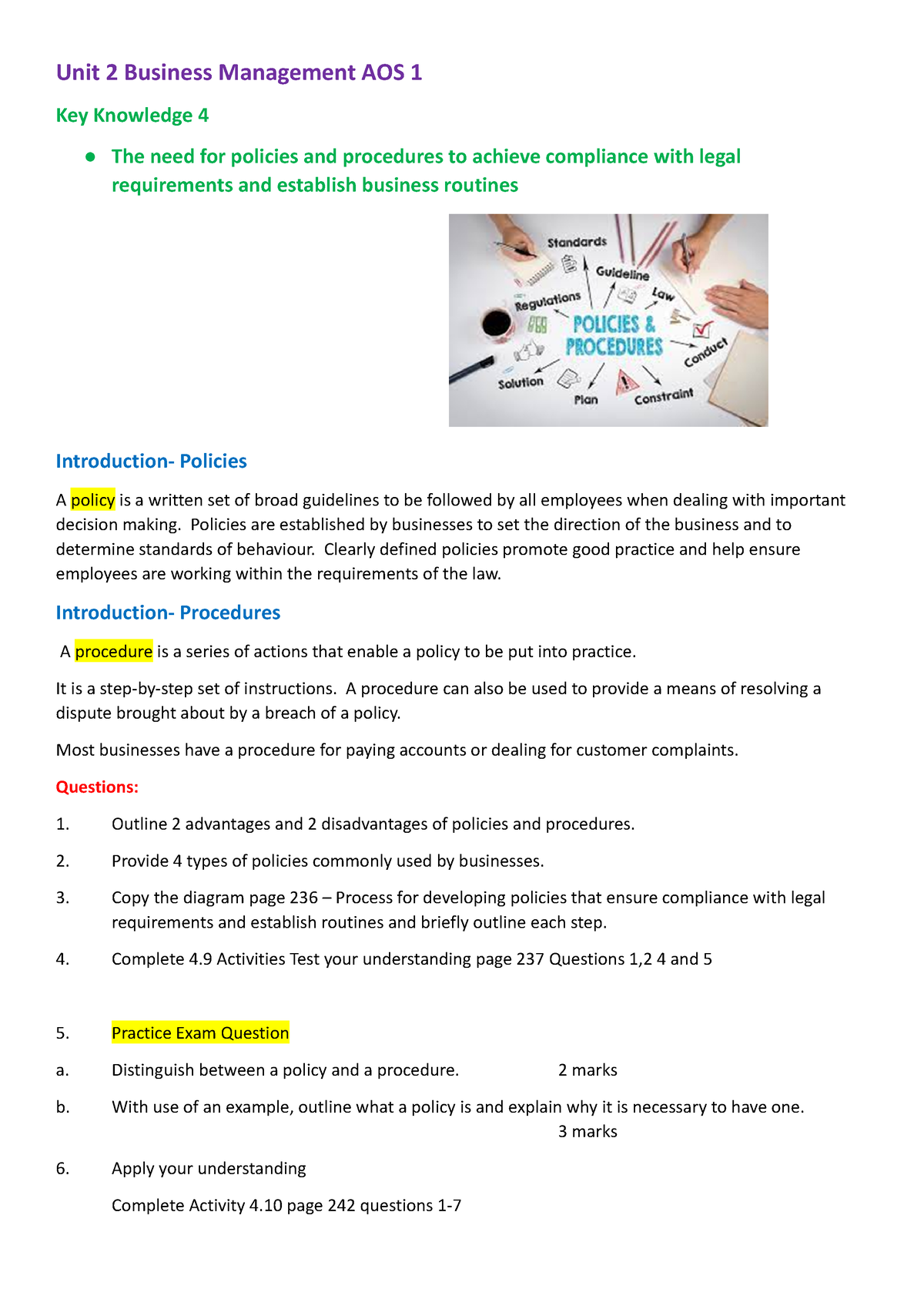 KKP 4 Need for policies and procedures - Unit 2 Business Management AOS ...