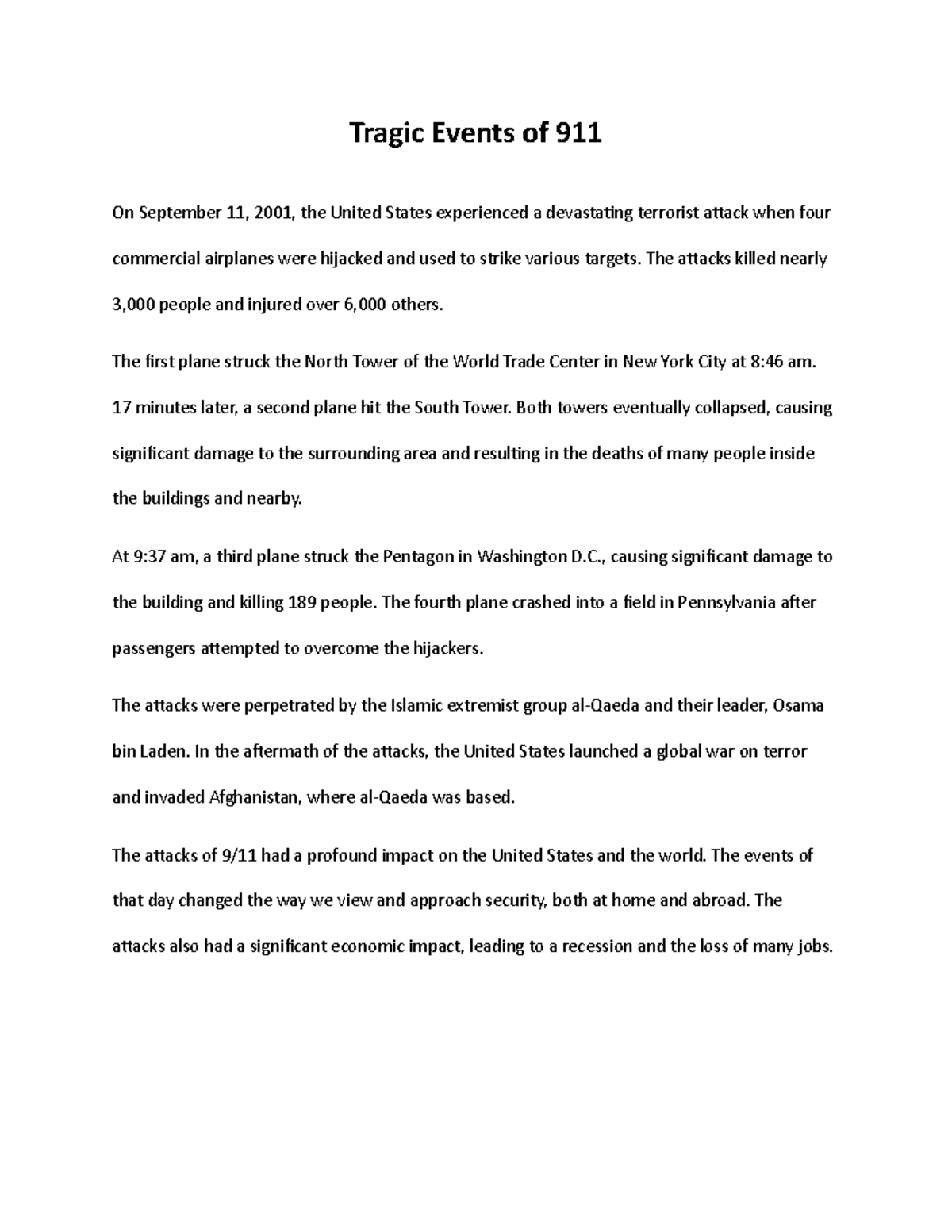 911ON a summary on the tragic events of 911 Tragic Events of 911 On September 11, 2001, the