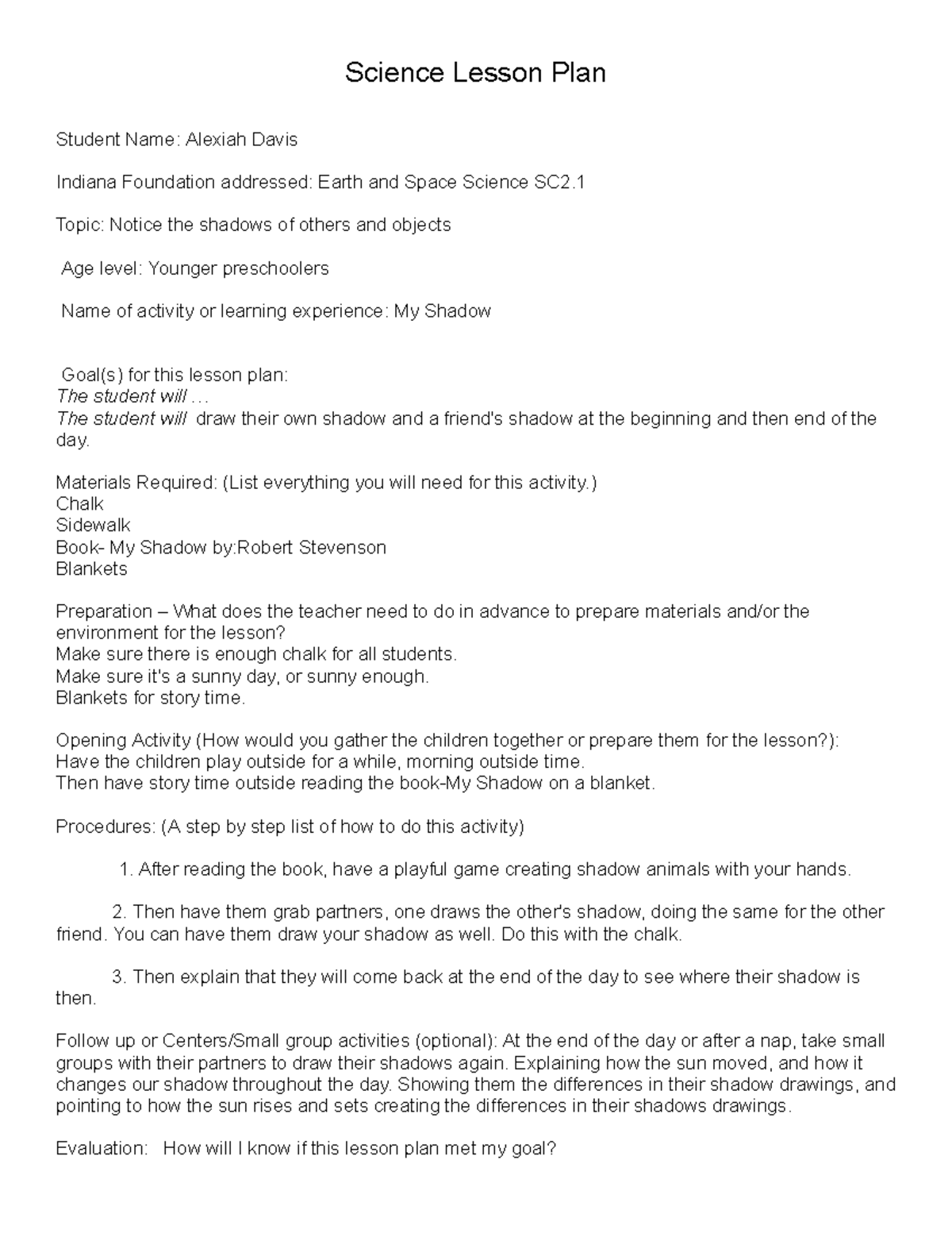 Science lesson plan-1 - Science Lesson Plan Student Name: Alexiah Davis ...
