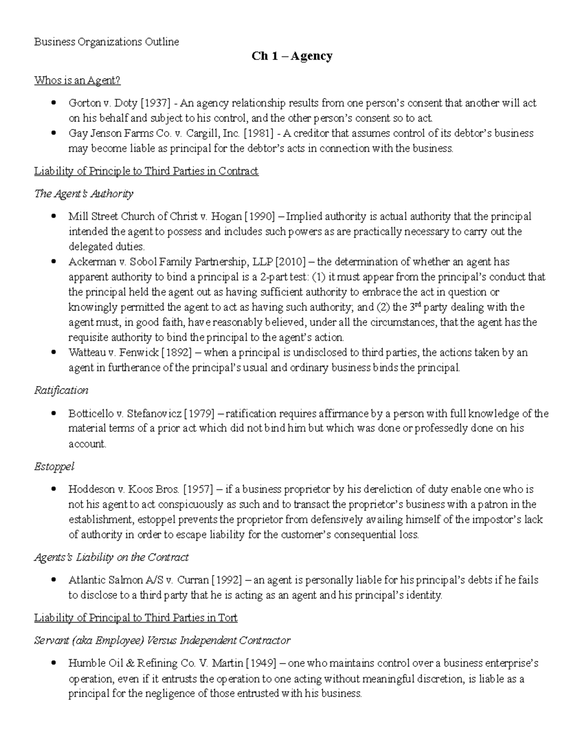 Comprehensive Outline: Business Organizations (Bis Orgs) - Ch 1 ...