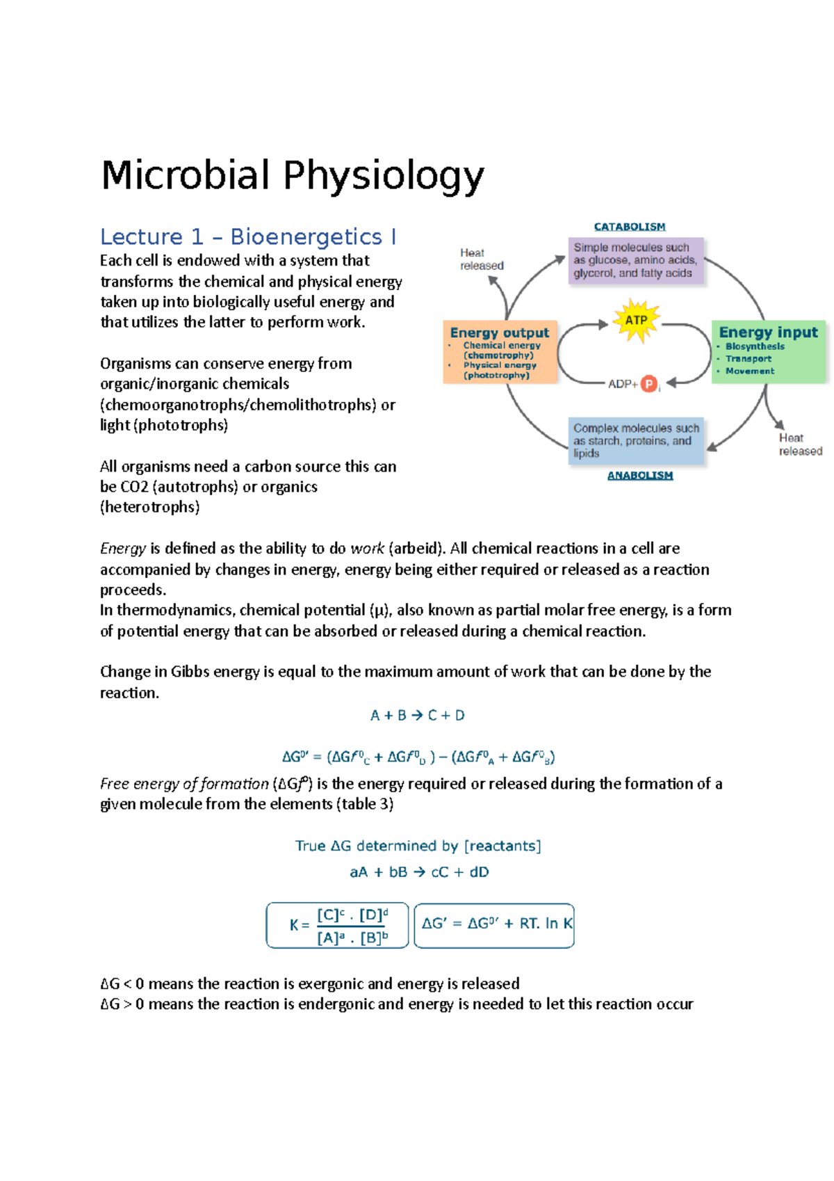 Microbial Physiology - Microbial Physiology Lecture 1 – Bioenergetics I ...