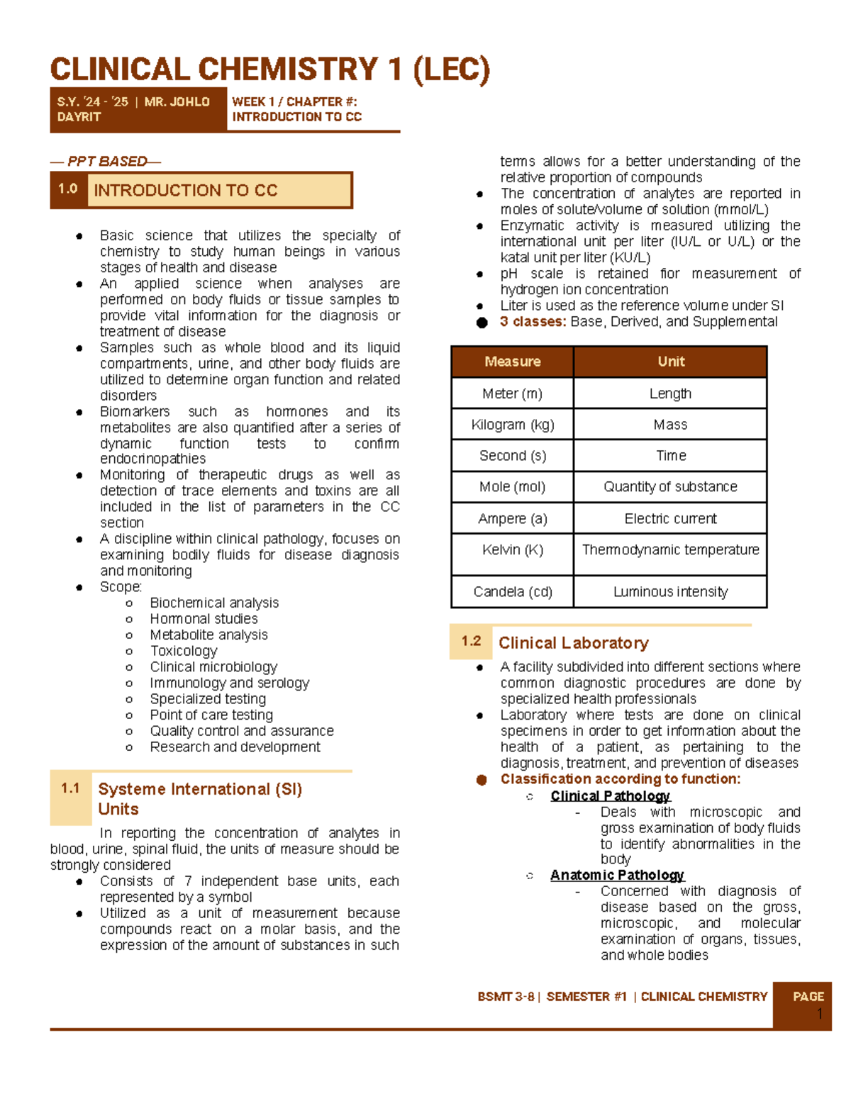 CC1 LEC WEEK 1 - Clinical chemistry lecture notes lesson 1 - S. ‘24 ...