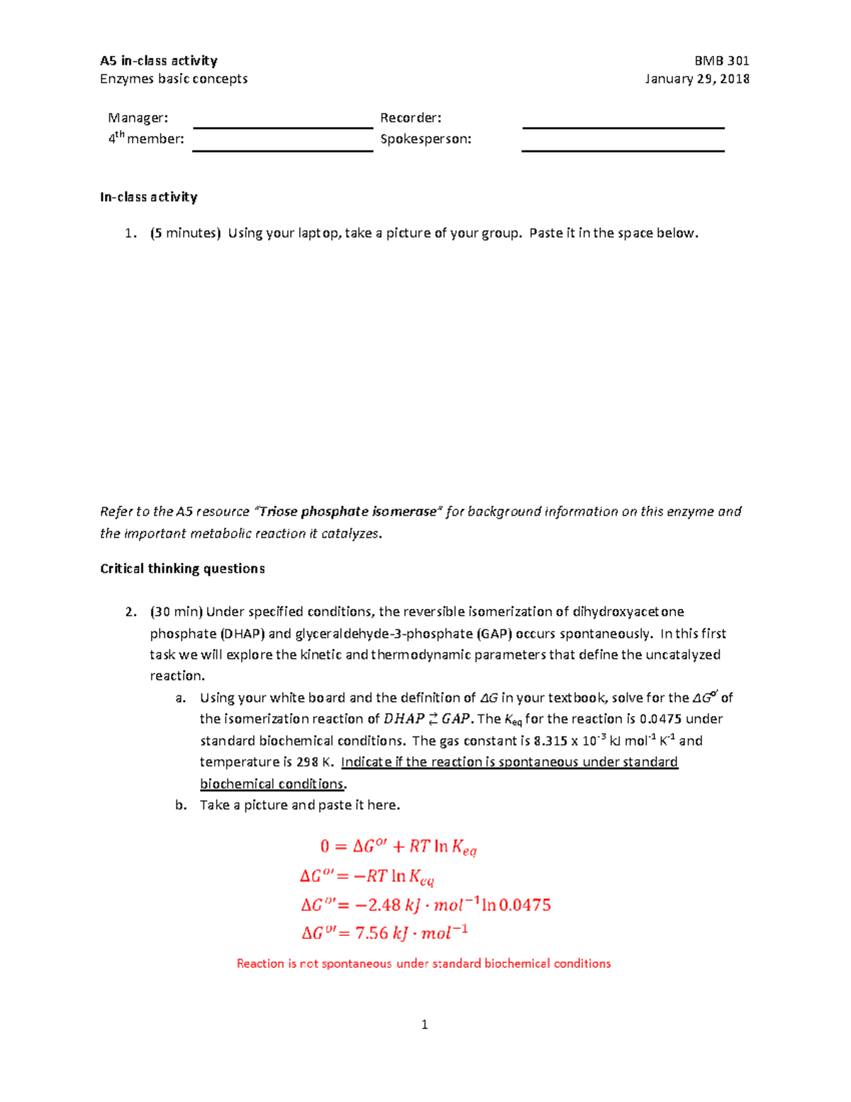 A5 key for BMB 301 Spring 2018 - Enzymes basic concepts January 29 ...