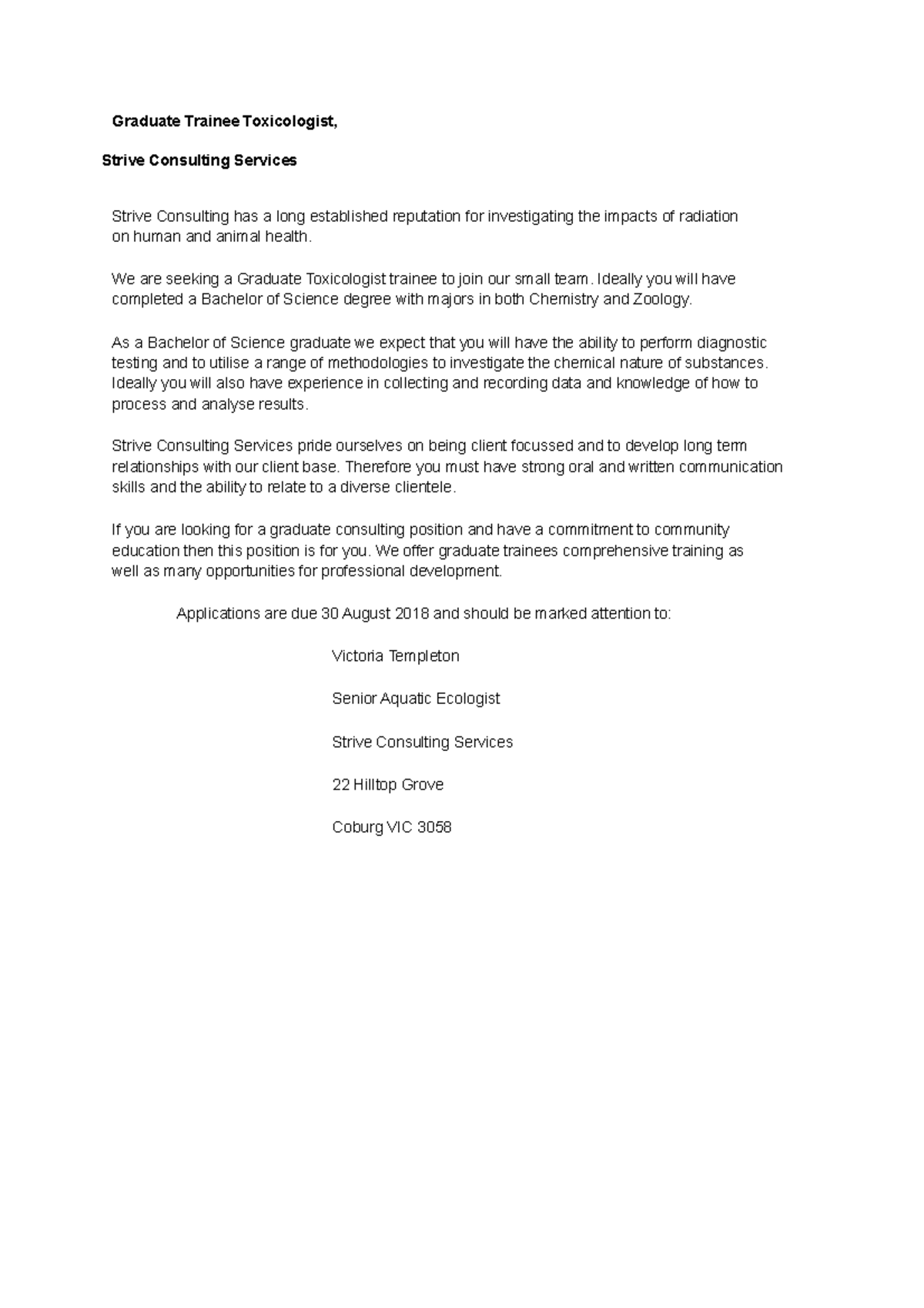 Picture of Sample Cover Letters - Graduate Trainee Toxicologist, Strive Consulting ...
