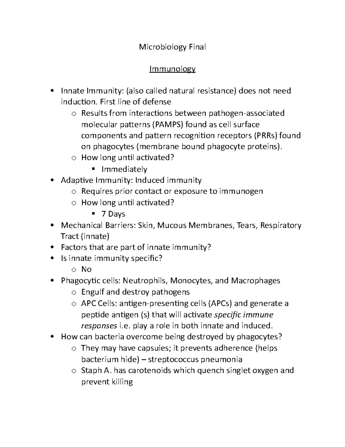 Microbiology Final Notes - Microbiology Final Immunology Innate ...