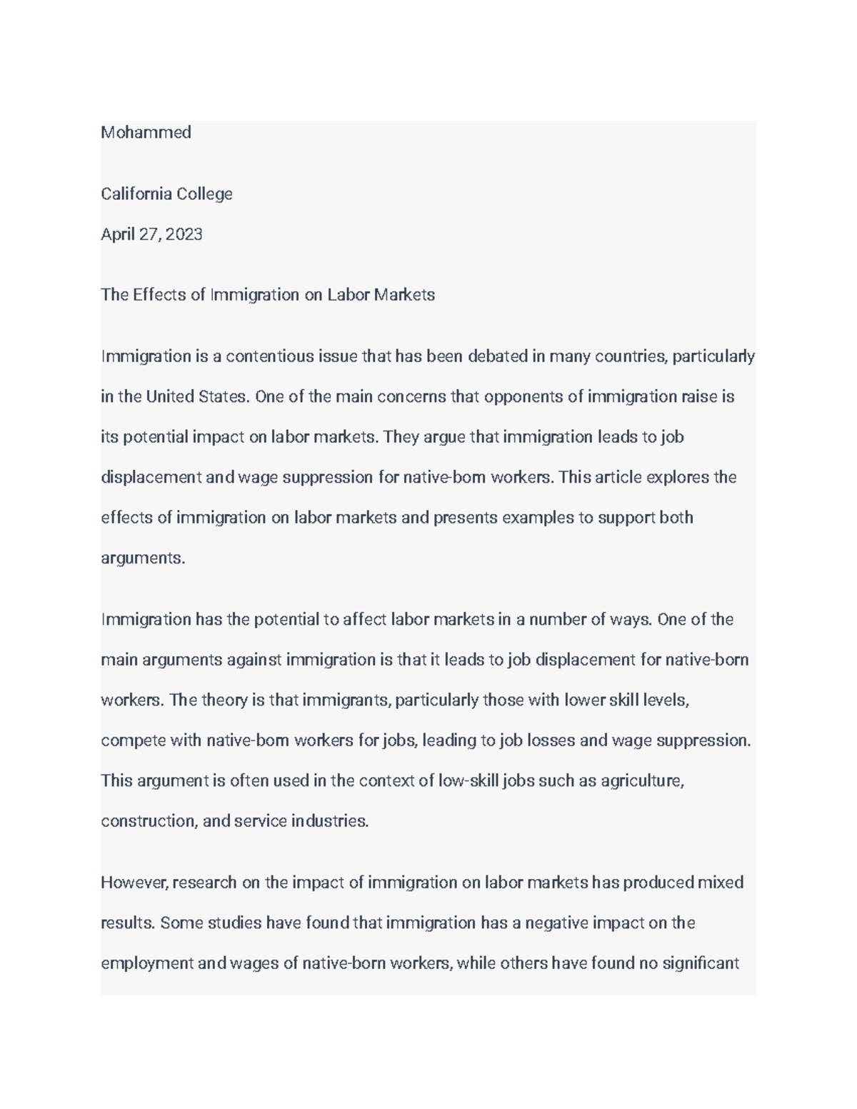 The Effects of Immigration on Labor Markets - Mohammed California ...