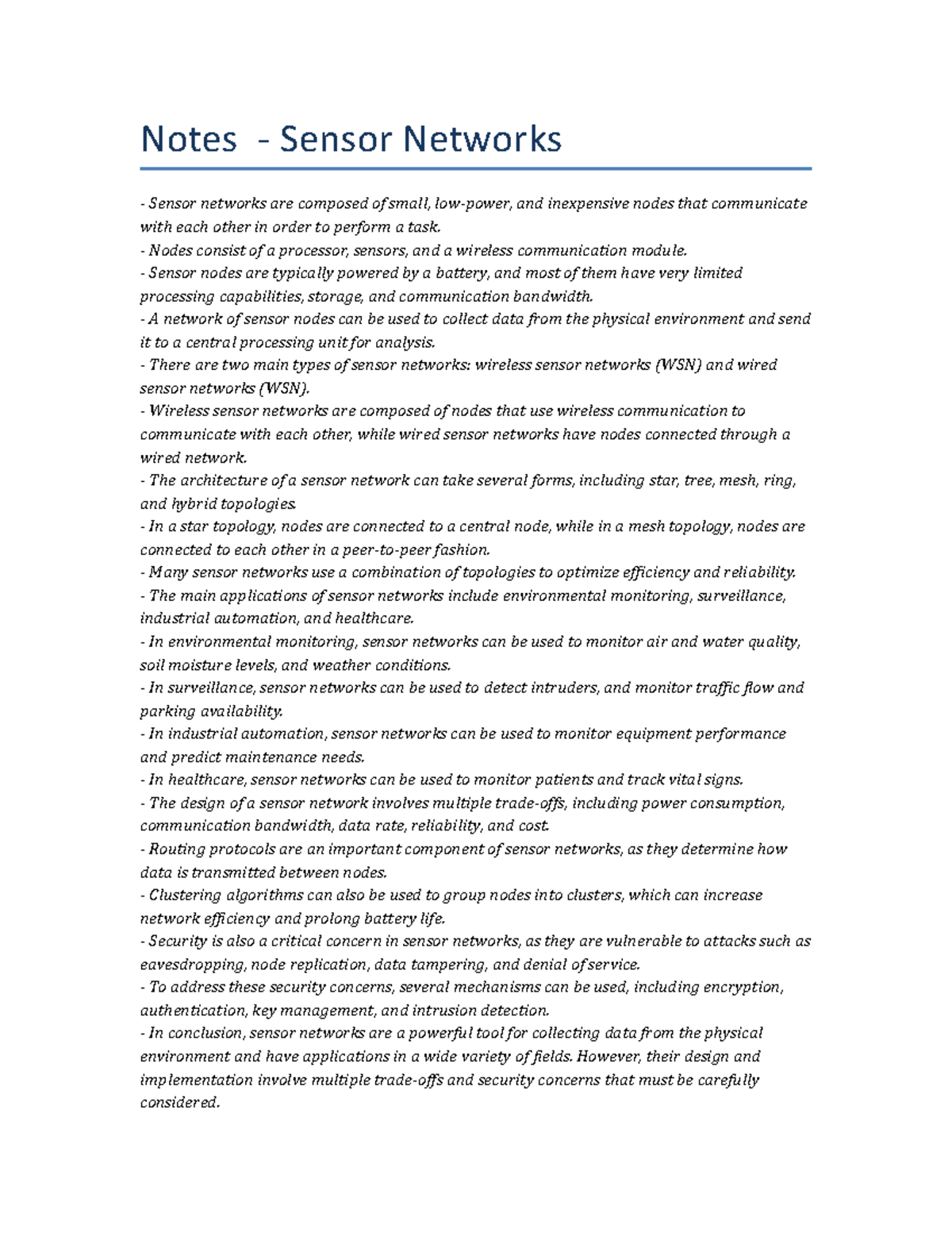 Lecture notes Sensor Networks Notes Sensor Networks Sensor