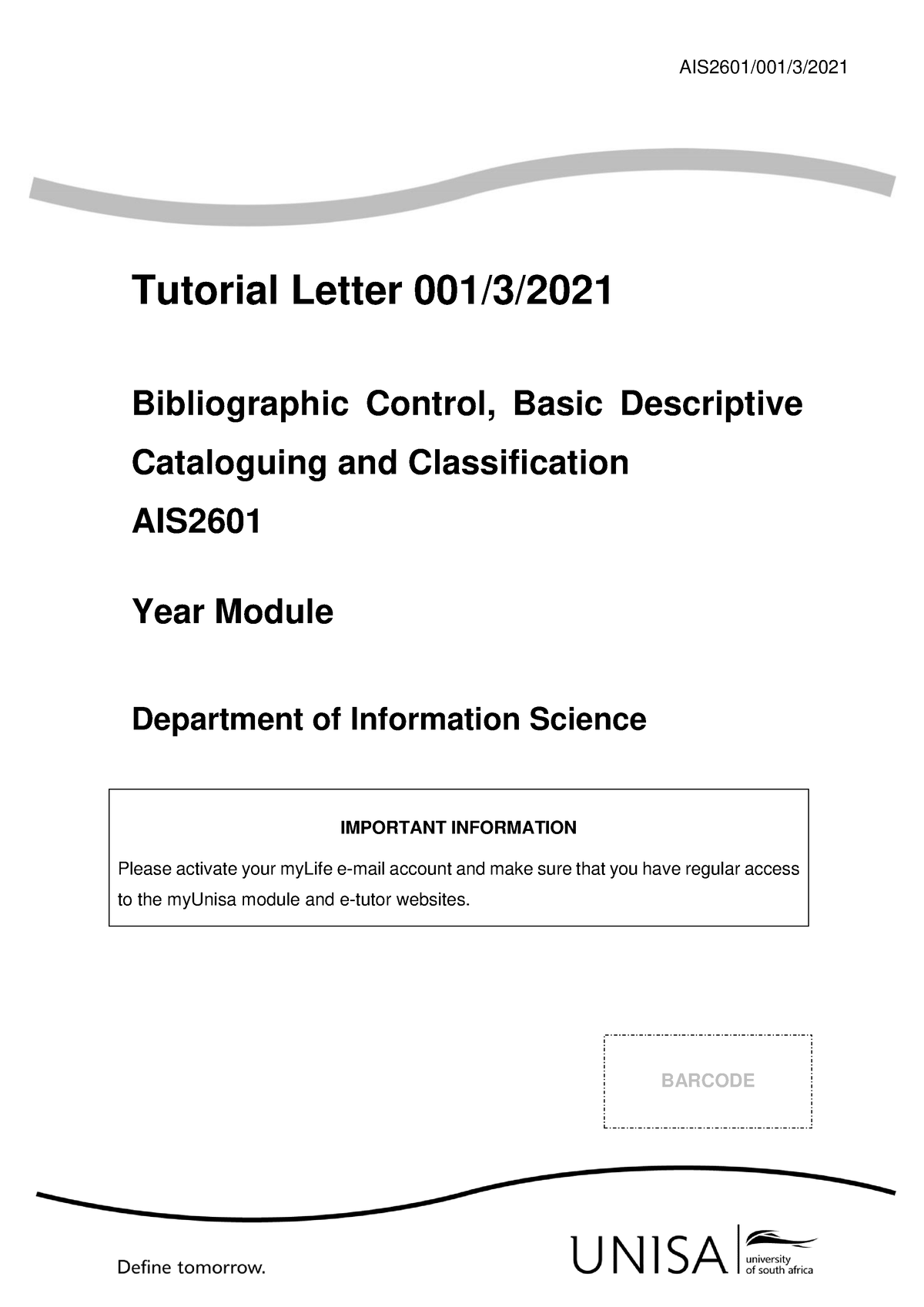 AIS2601 TL001 - Tutorial - AIS2601/001/3/ Tutorial Letter 001/3 ...