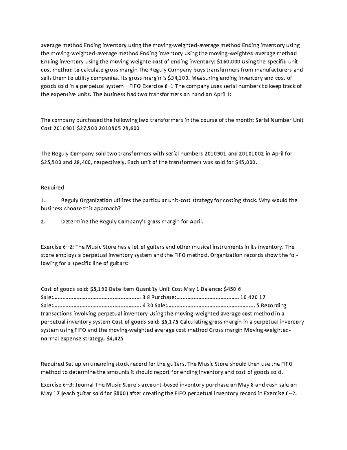 Accounting-113 - N/A - average method Ending inventory using the moving ...