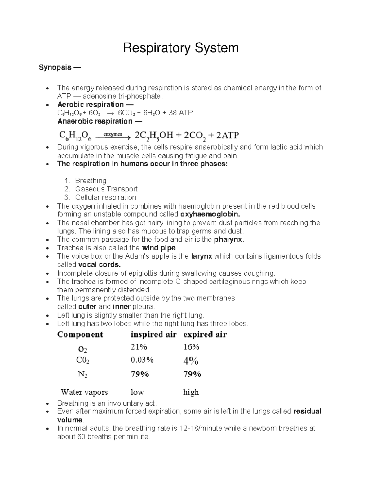 Respiratory System - notes - ncertbooksolutions Synopsis — The energy ...