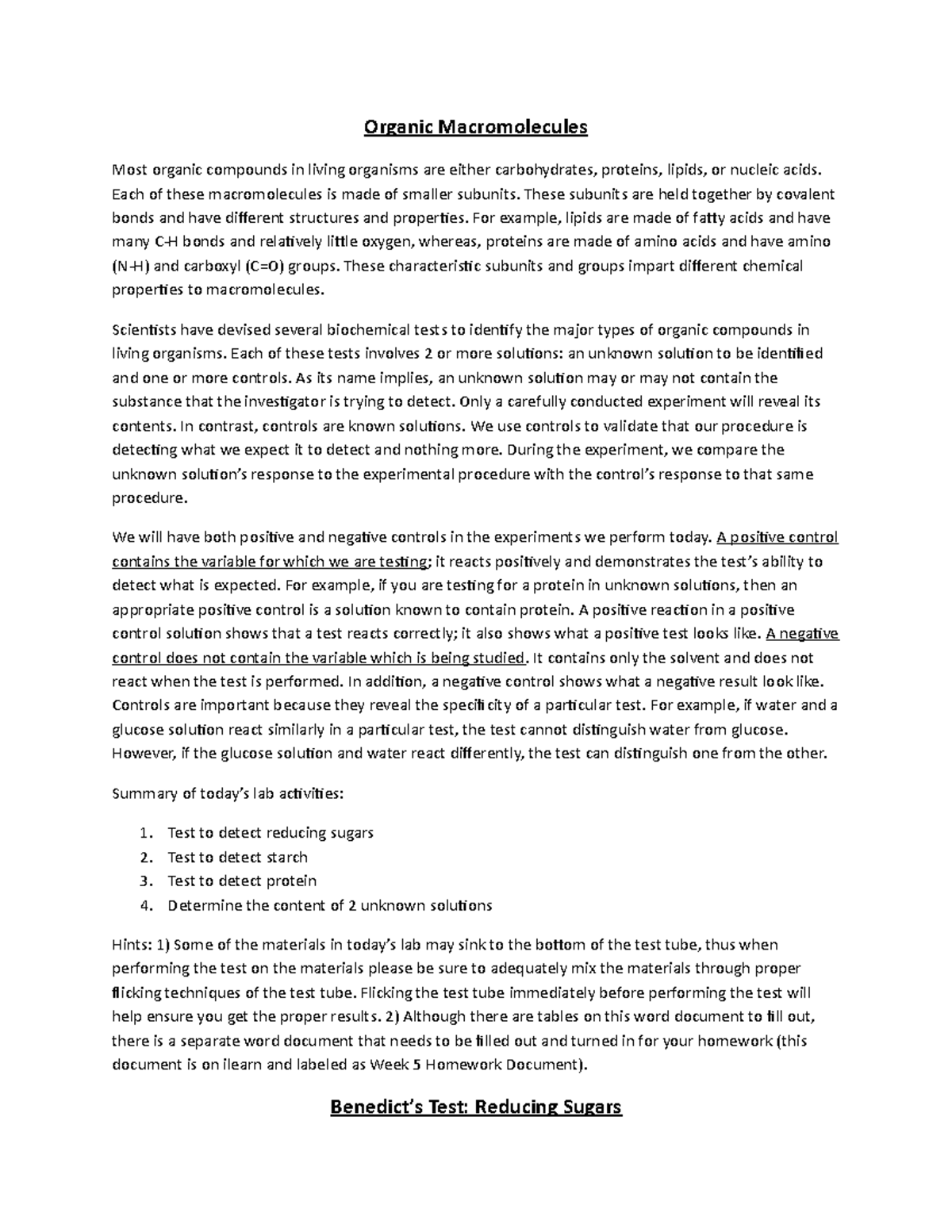 Organic Macromolecules Lab Packet Week 5 - Organic Macromolecules Most ...