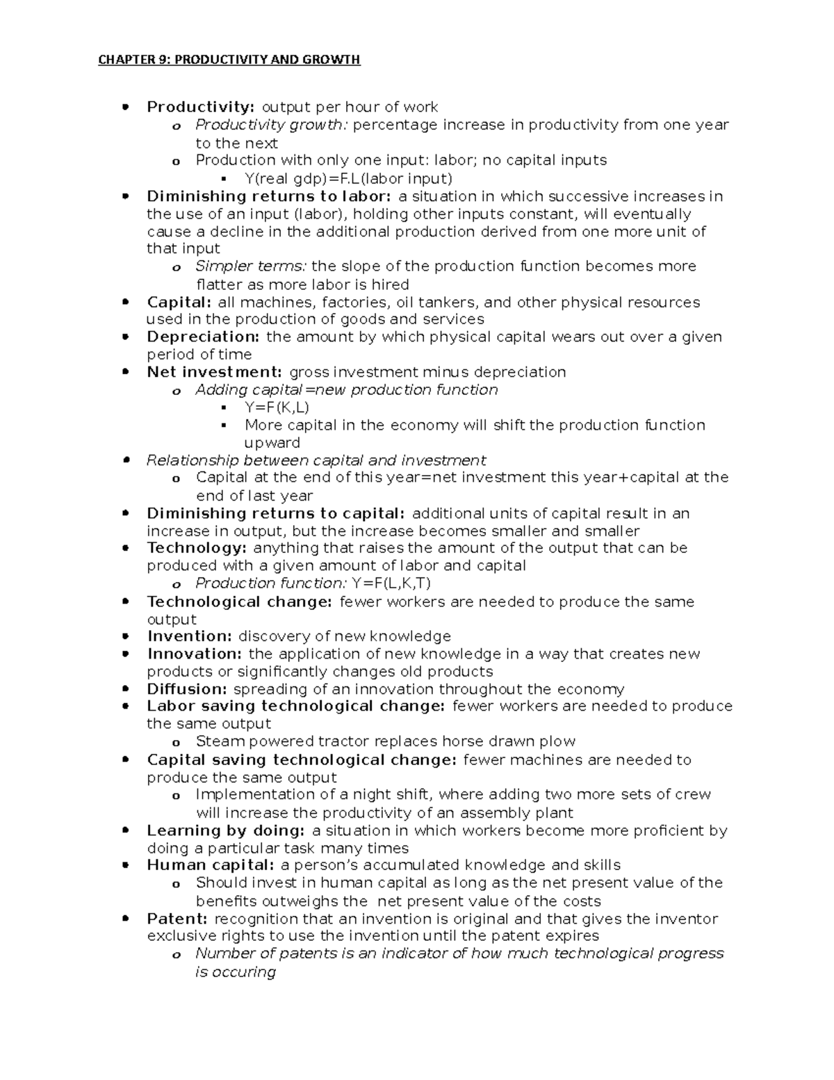 Econ 200 chapter 9 notes - CHAPTER 9: PRODUCTIVITY AND GROWTH ...