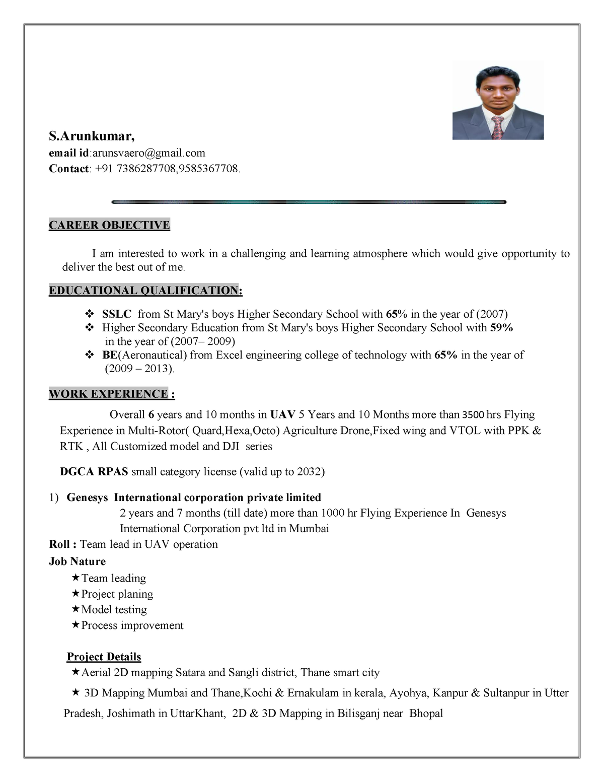 Arunkumar 6.6years Head-Technical Services - S, email id:arunsvaero ...