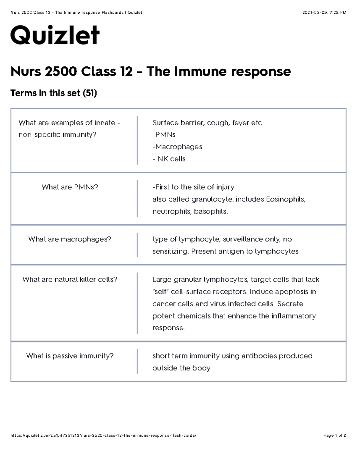 Nurs 2500 Class 12 - The Immune Response Flashcards - Nurs 2500 Class ...