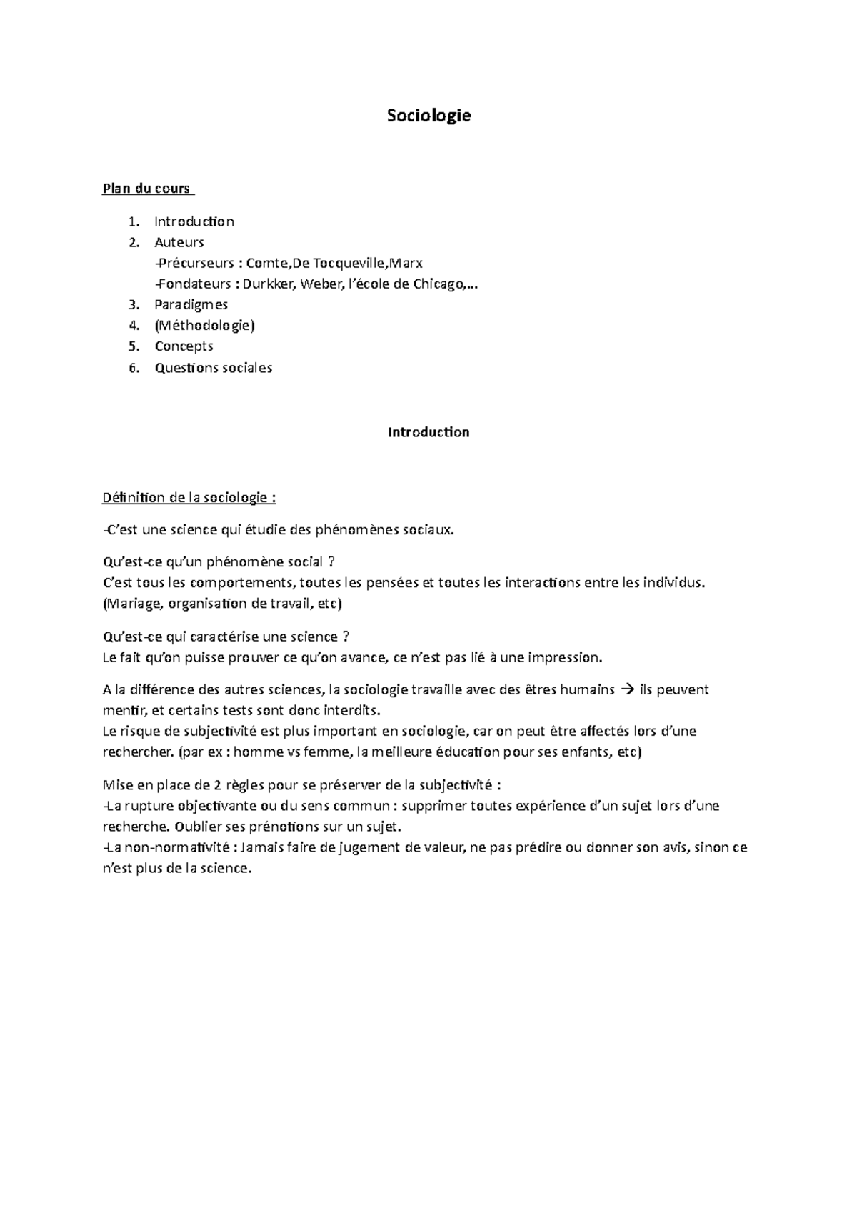 Sociologie - Socio - Sociologie Plan du cours Introduction Auteurs ...
