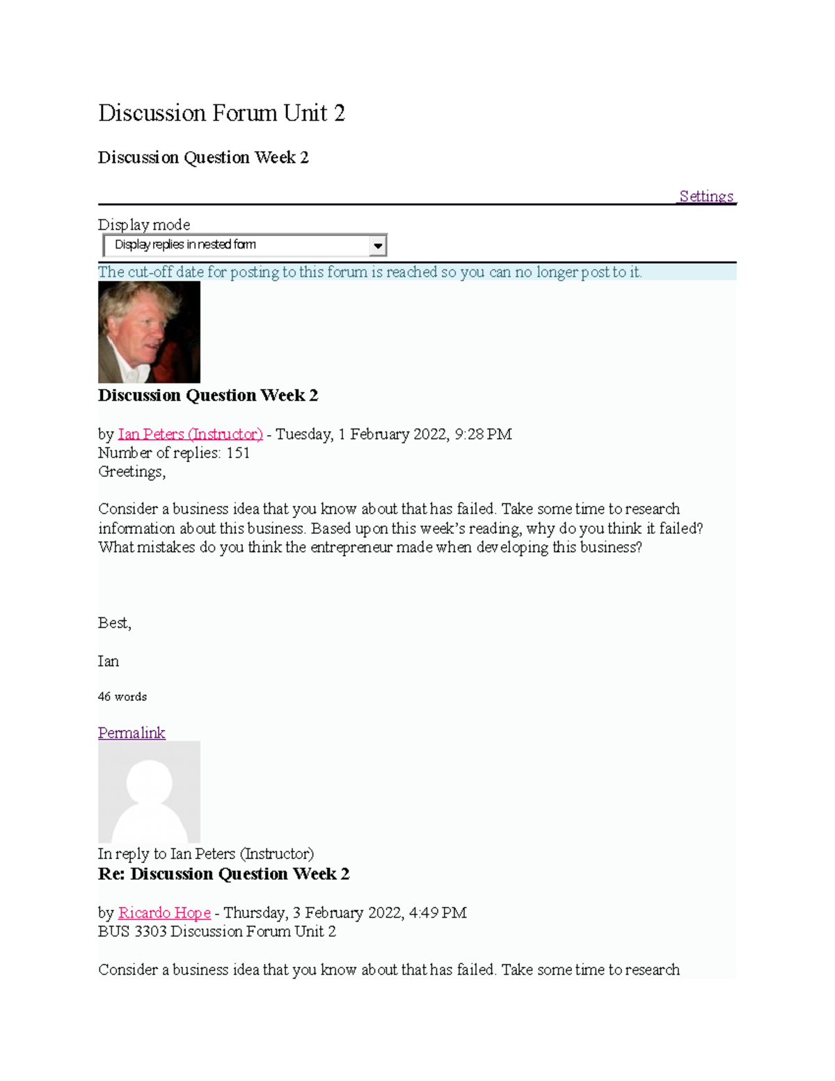 Discussion Forum Samples - Discussion Forum Unit 2 Discussion Question ...