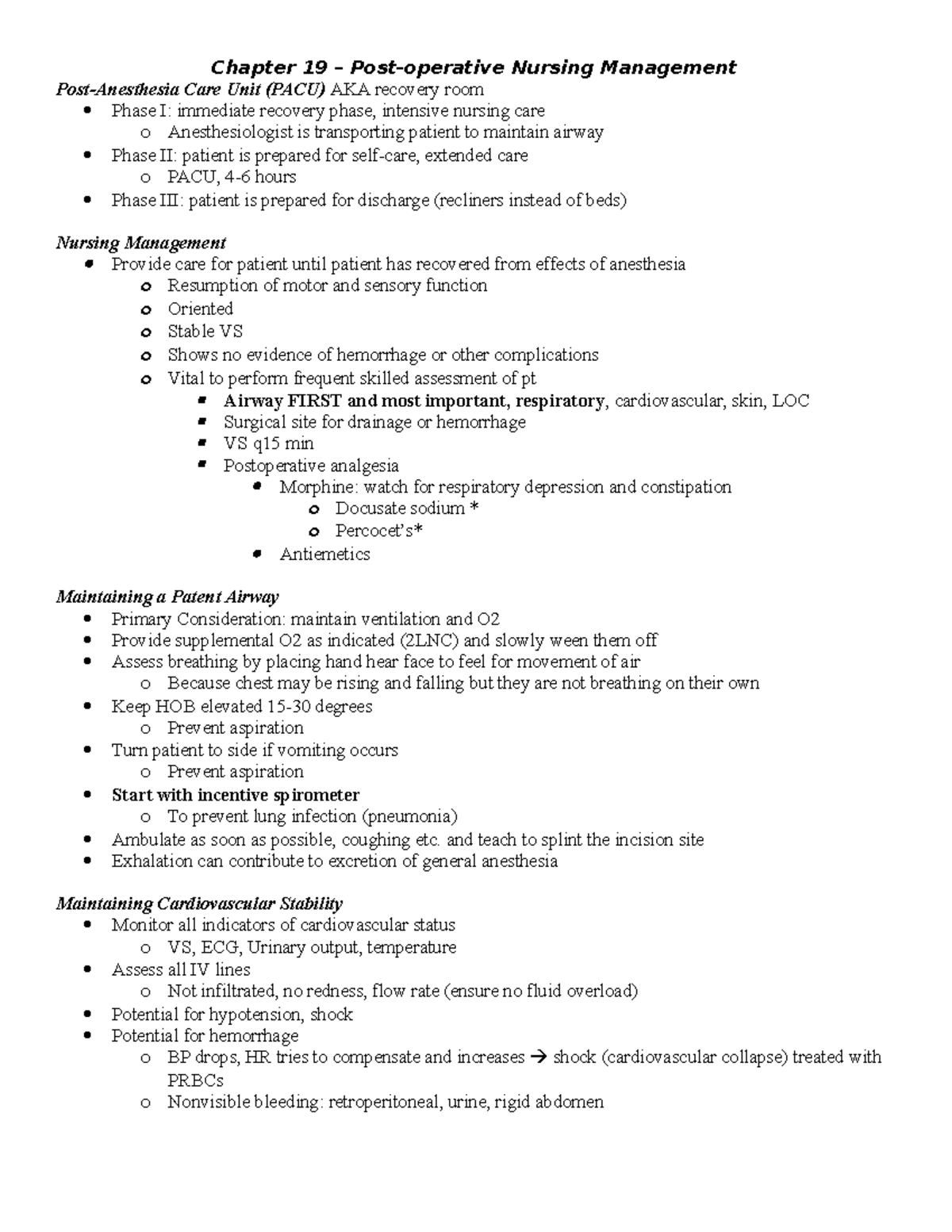 Chapter 19 postop notes Chapter 19 Postoperative Nursing