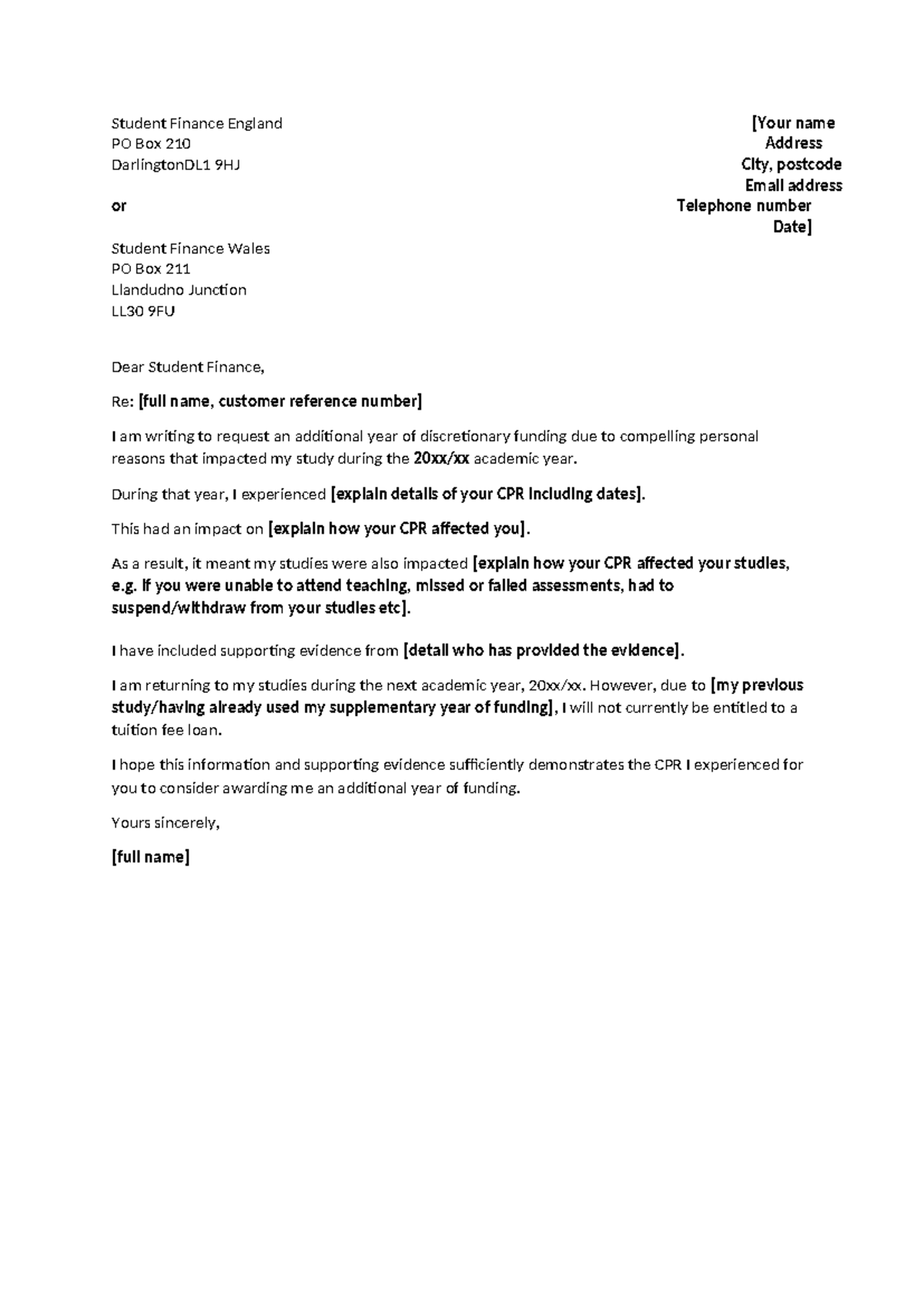 Cpr cover letter template - Student Finance England [Your name PO Box ...