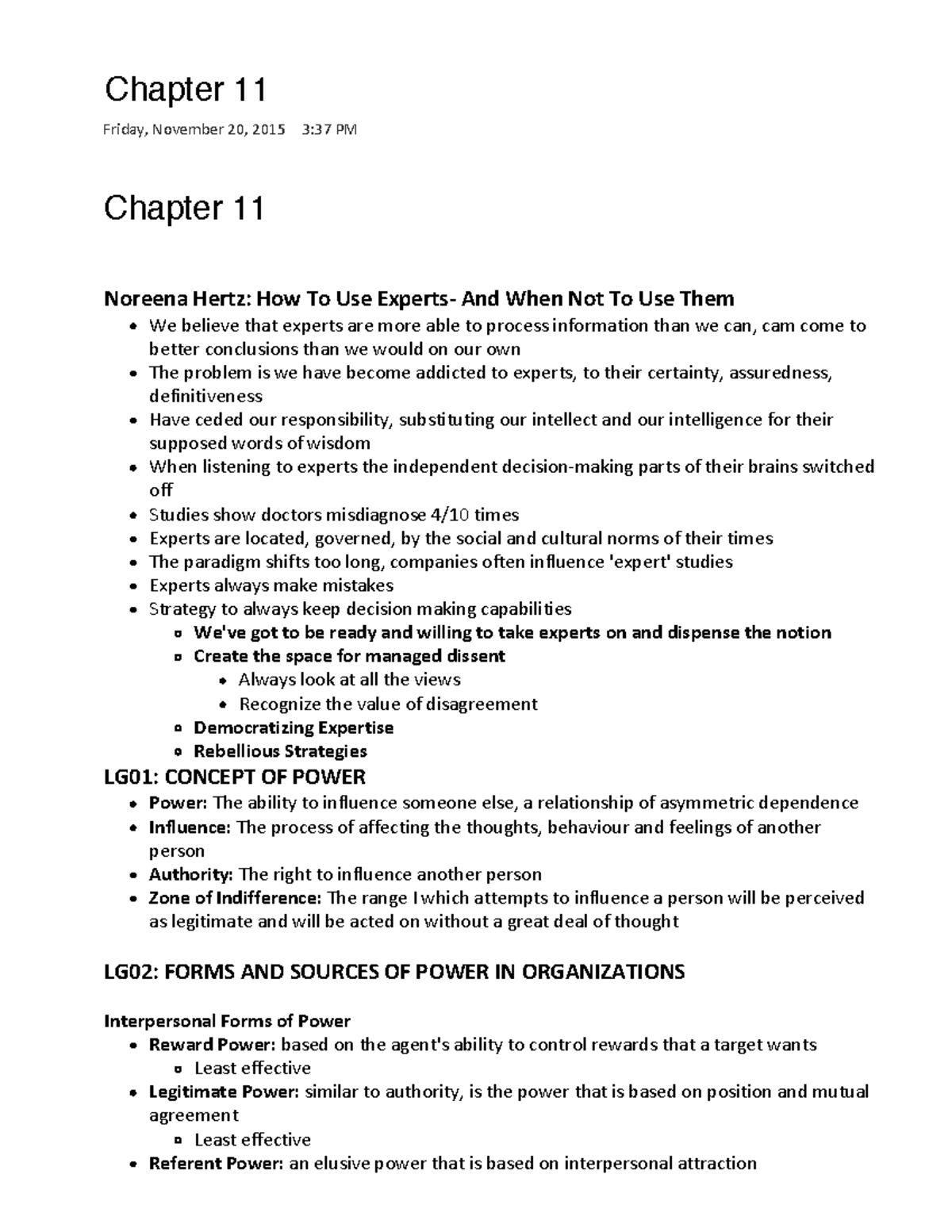 Chapter 11 - ORGB CH 11 SUM - Chapter 11 Friday, November 20, 2015 3:37 ...